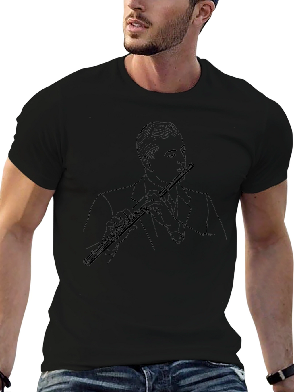 Jazz Flute Player Graphic Tee - Stylish Black T-Shirt