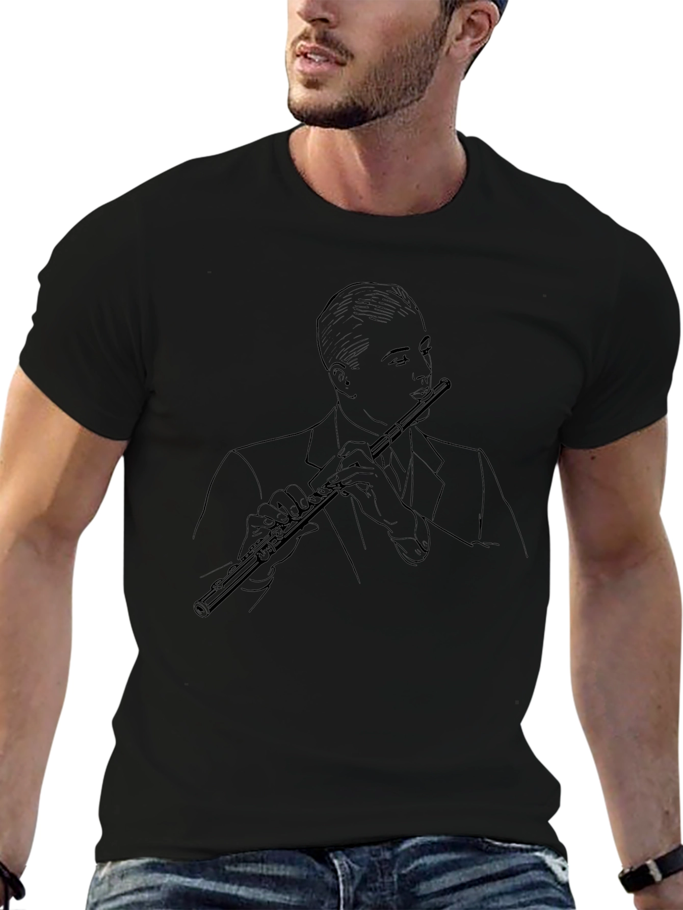 Jazz Flute Player Graphic Tee - Stylish Black T-Shirt