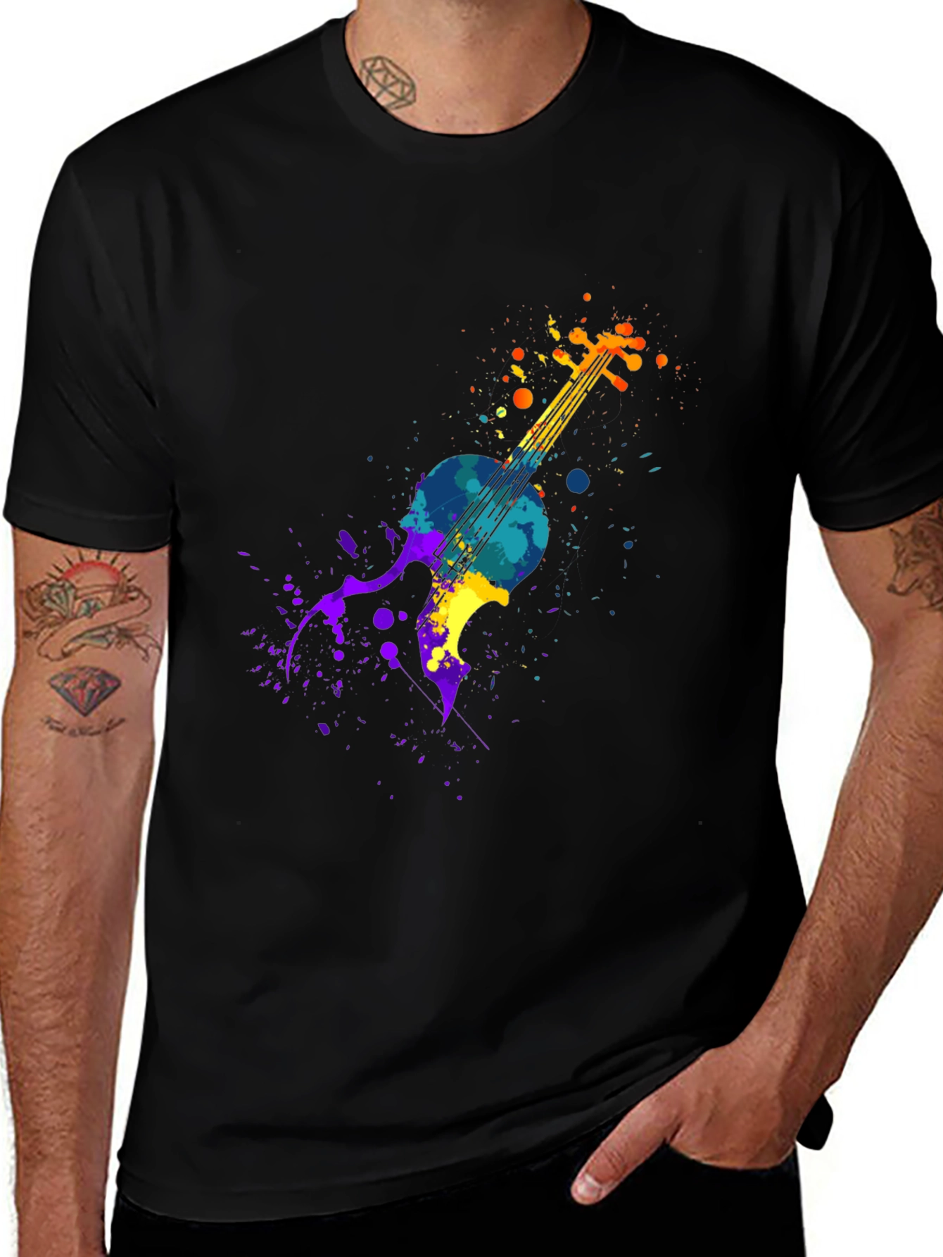 Colorful Violin Splatter Graphic T-Shirt