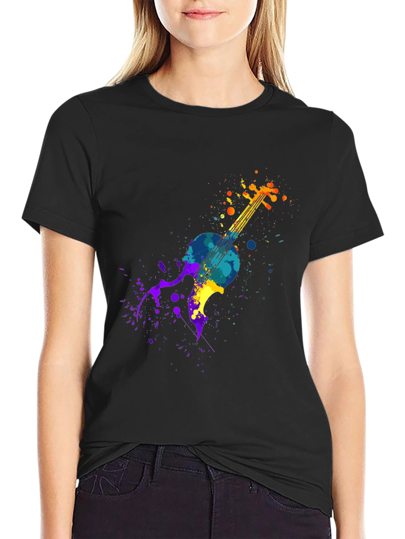 Colorful Violin Splatter Graphic T-Shirt