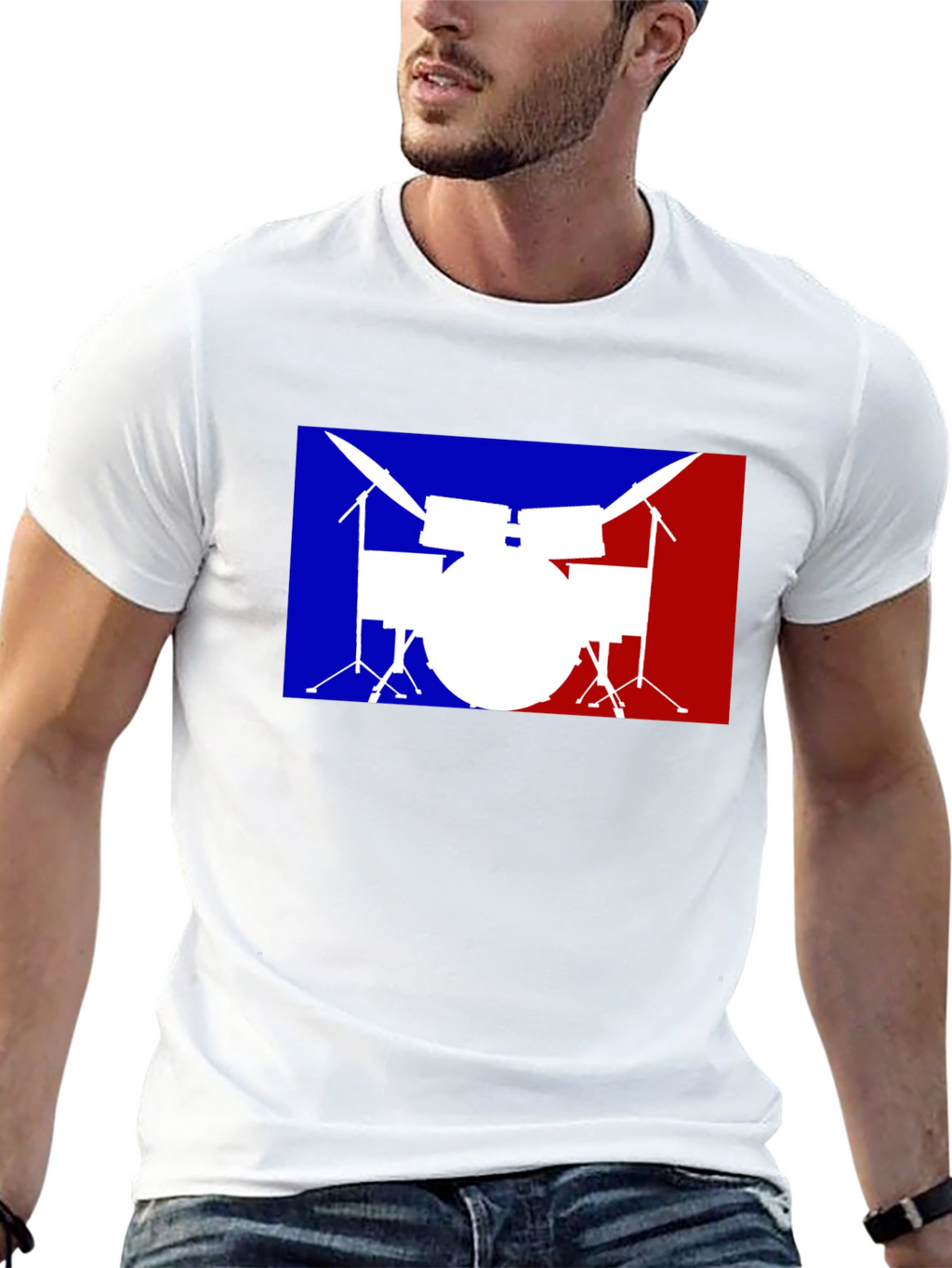 Drum Set Graphic T-Shirt: Blue and Red