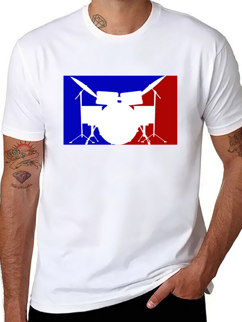Drum Set Graphic T-Shirt: Blue and Red