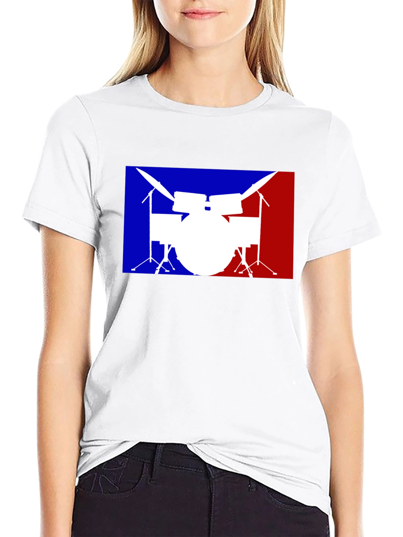 Drum Set Graphic T-Shirt: Blue and Red