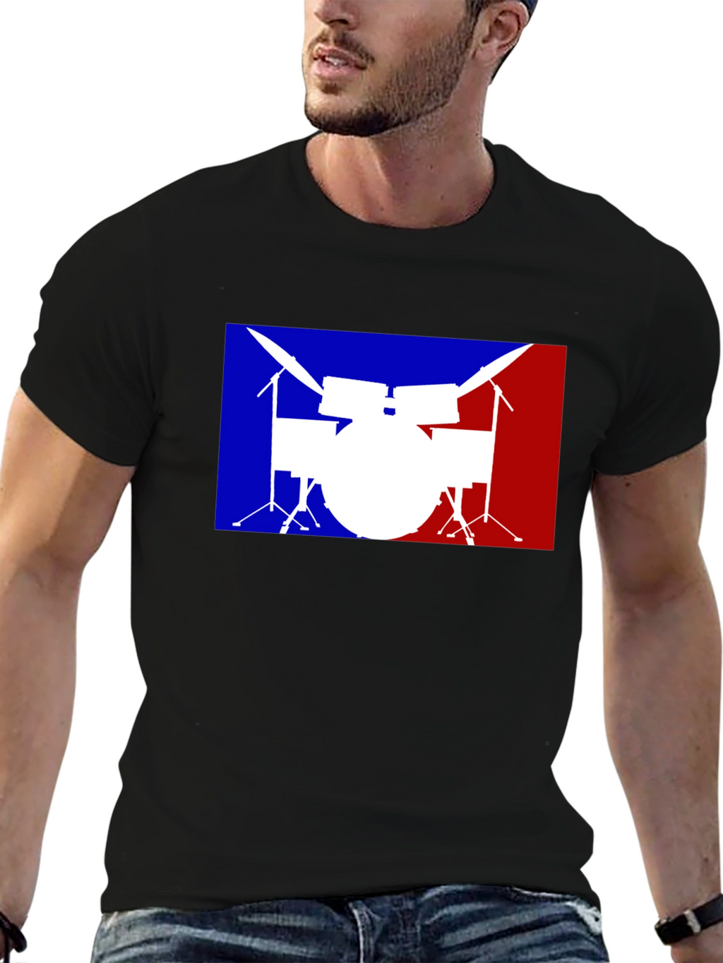 Drum Set Graphic T-Shirt: Blue and Red