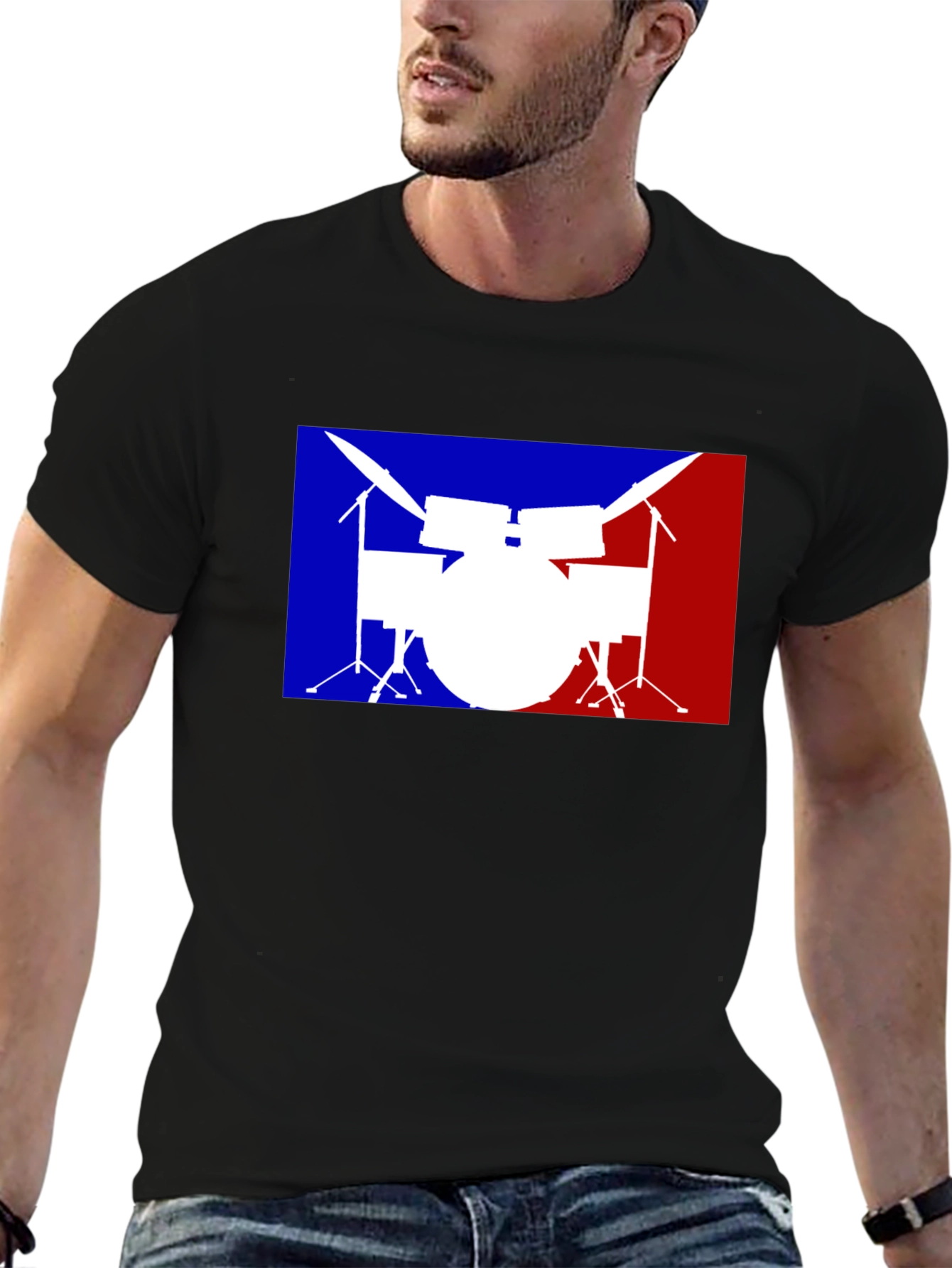 Drum Set Graphic T-Shirt: Blue and Red