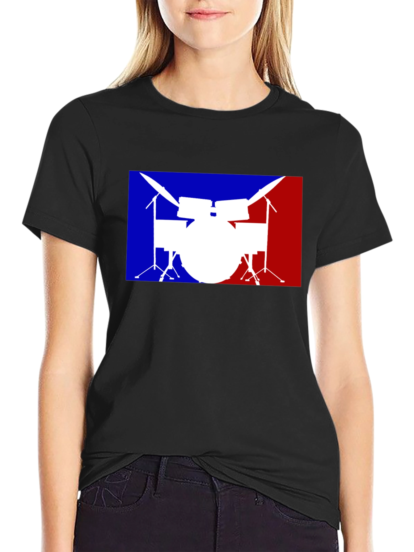 Drum Set Graphic T-Shirt: Blue and Red