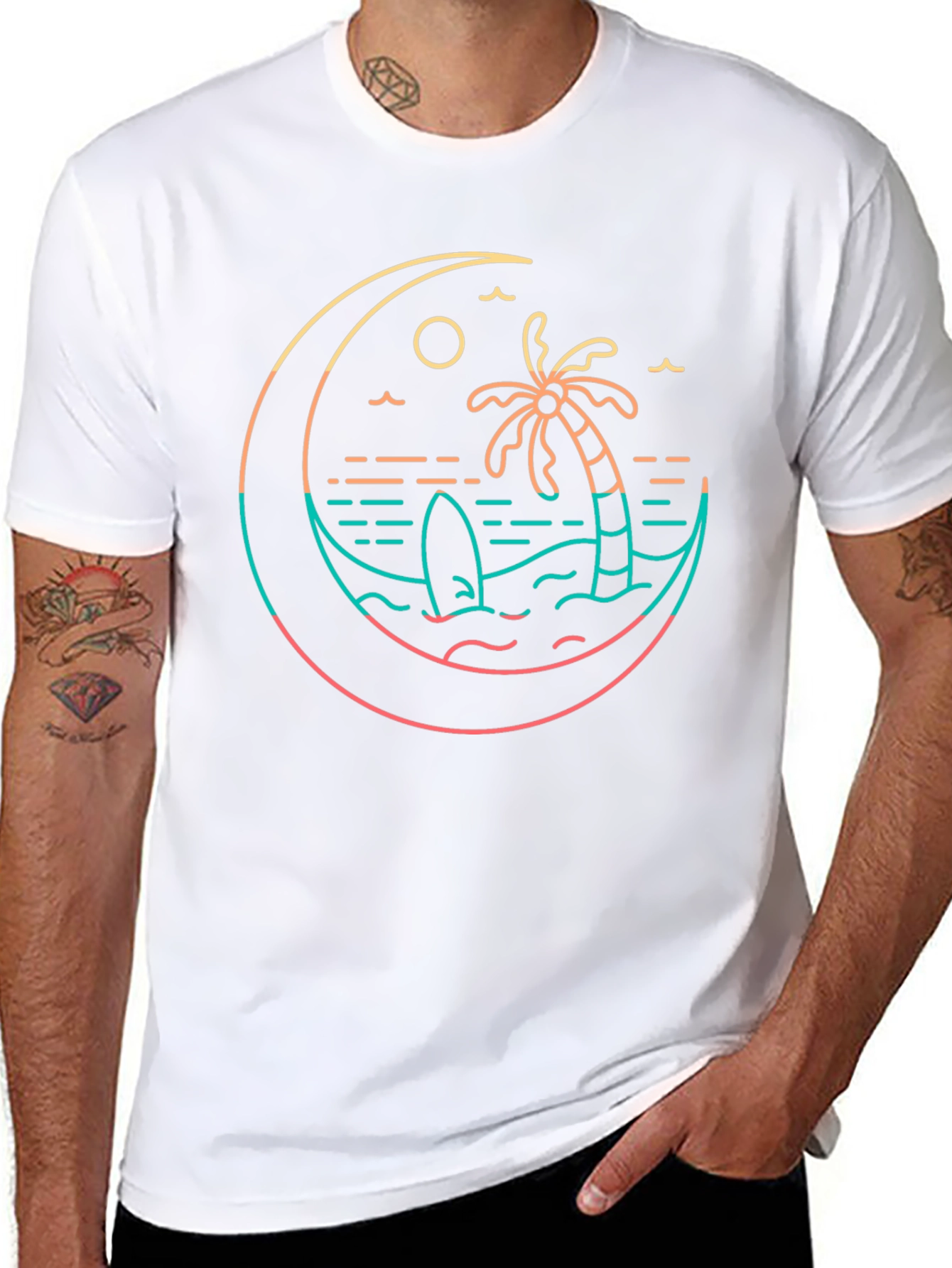 Tropical Beach T-Shirt Palm Tree Surfboard Graphic Tee