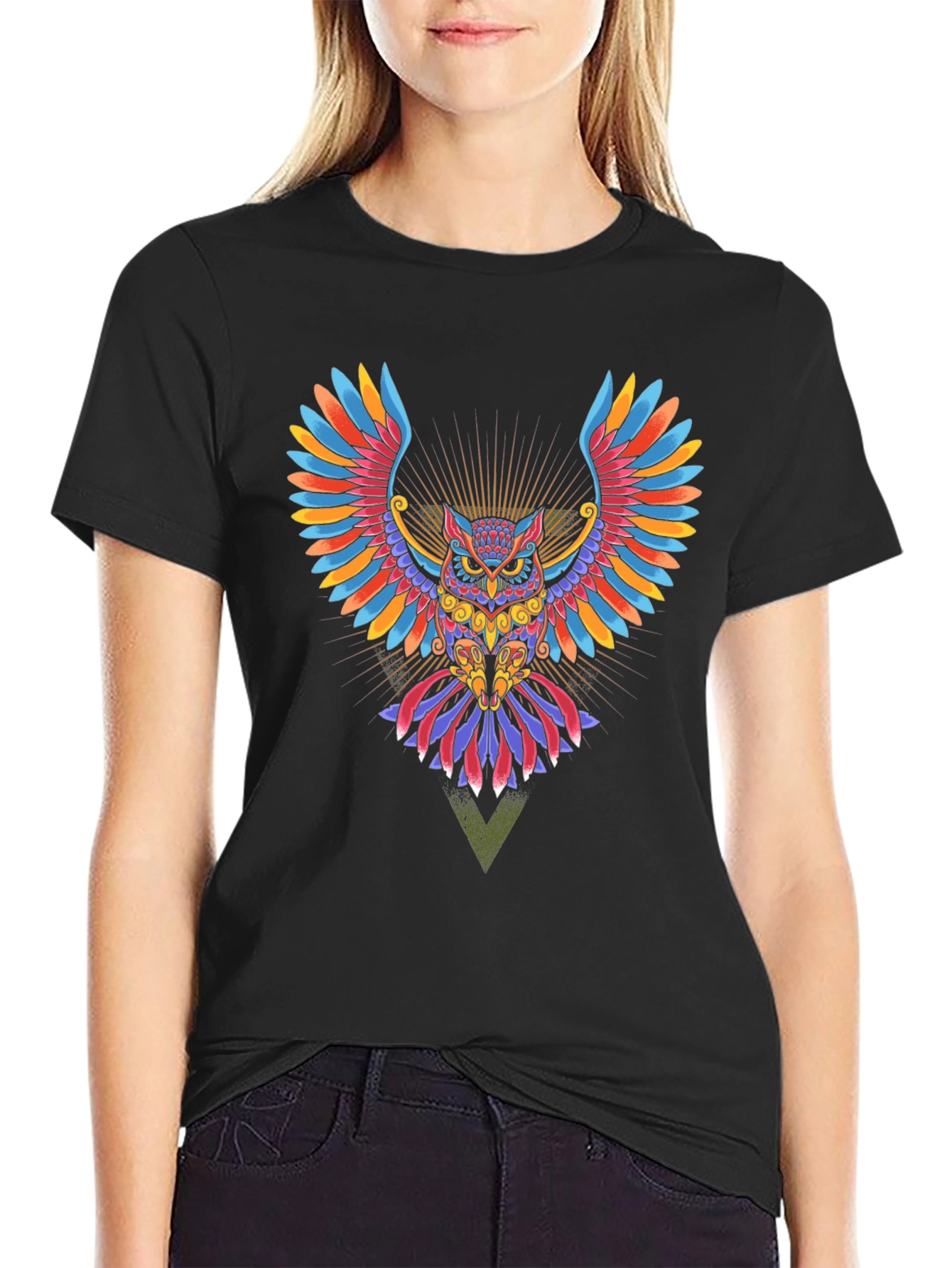 Colorful Owl Graphic Print Black T-Shirt
