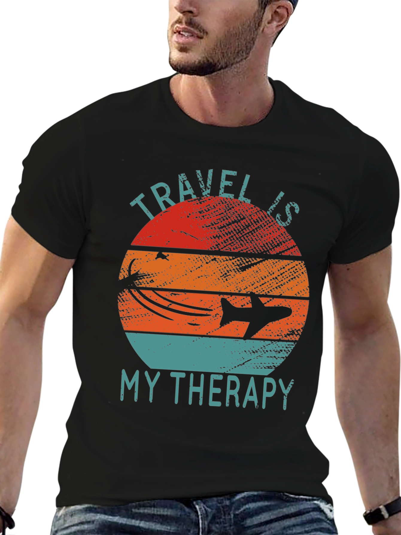 Travel Is My Therapy Graphic Tee - Retro Airplane Design