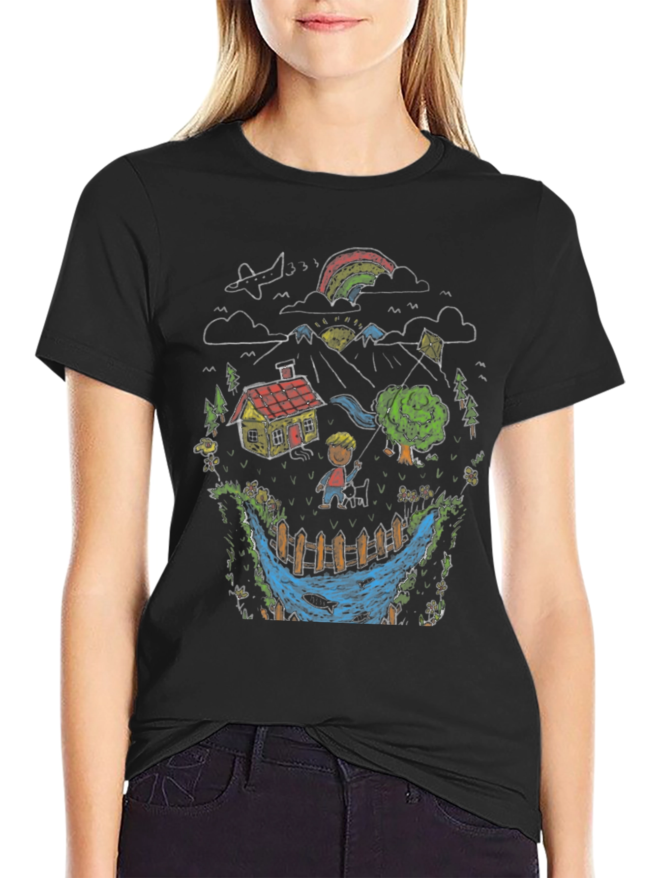 Whimsical Landscape Graphic Tee - Black Cotton Blend
