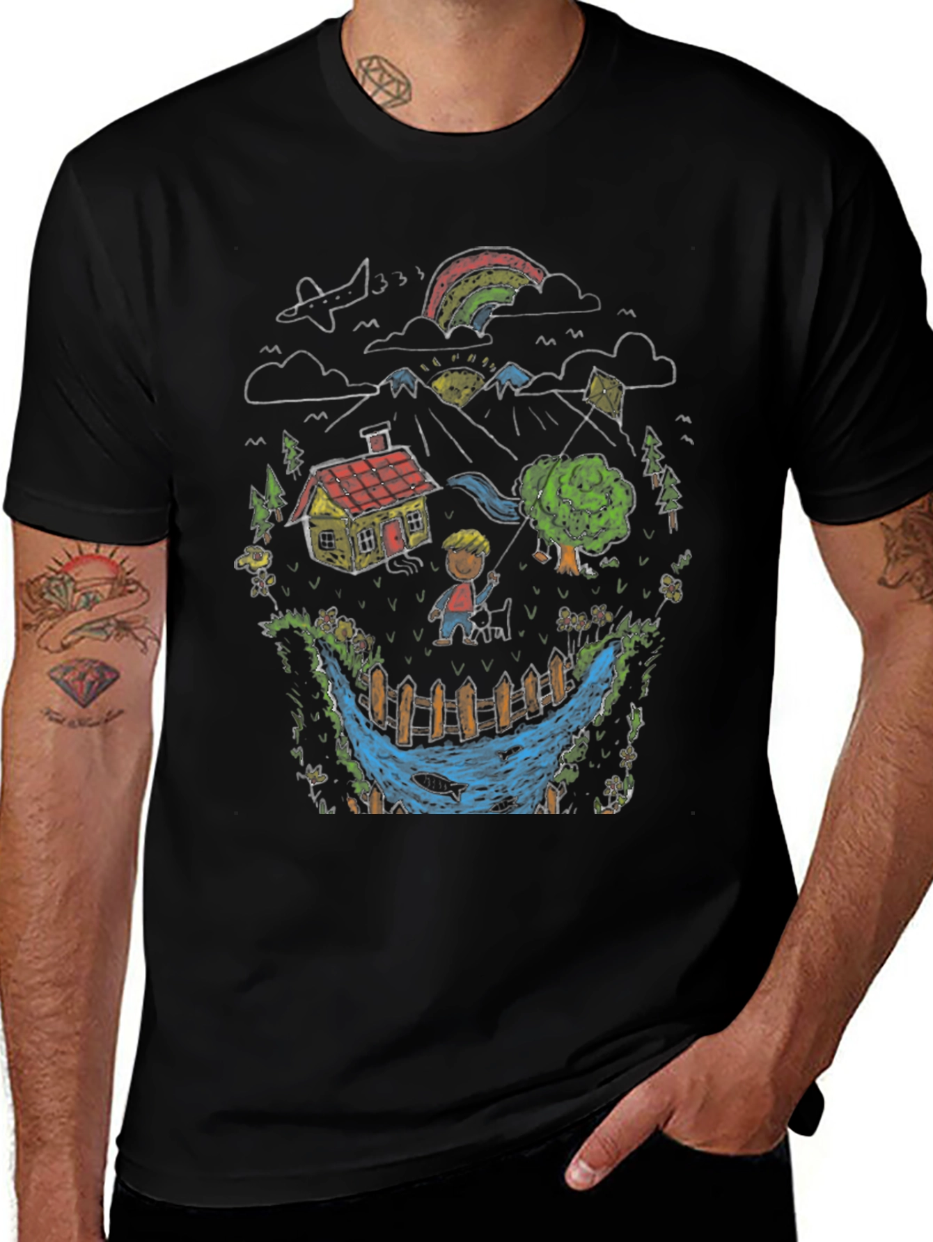 Whimsical Landscape Graphic Tee - Black Cotton Blend