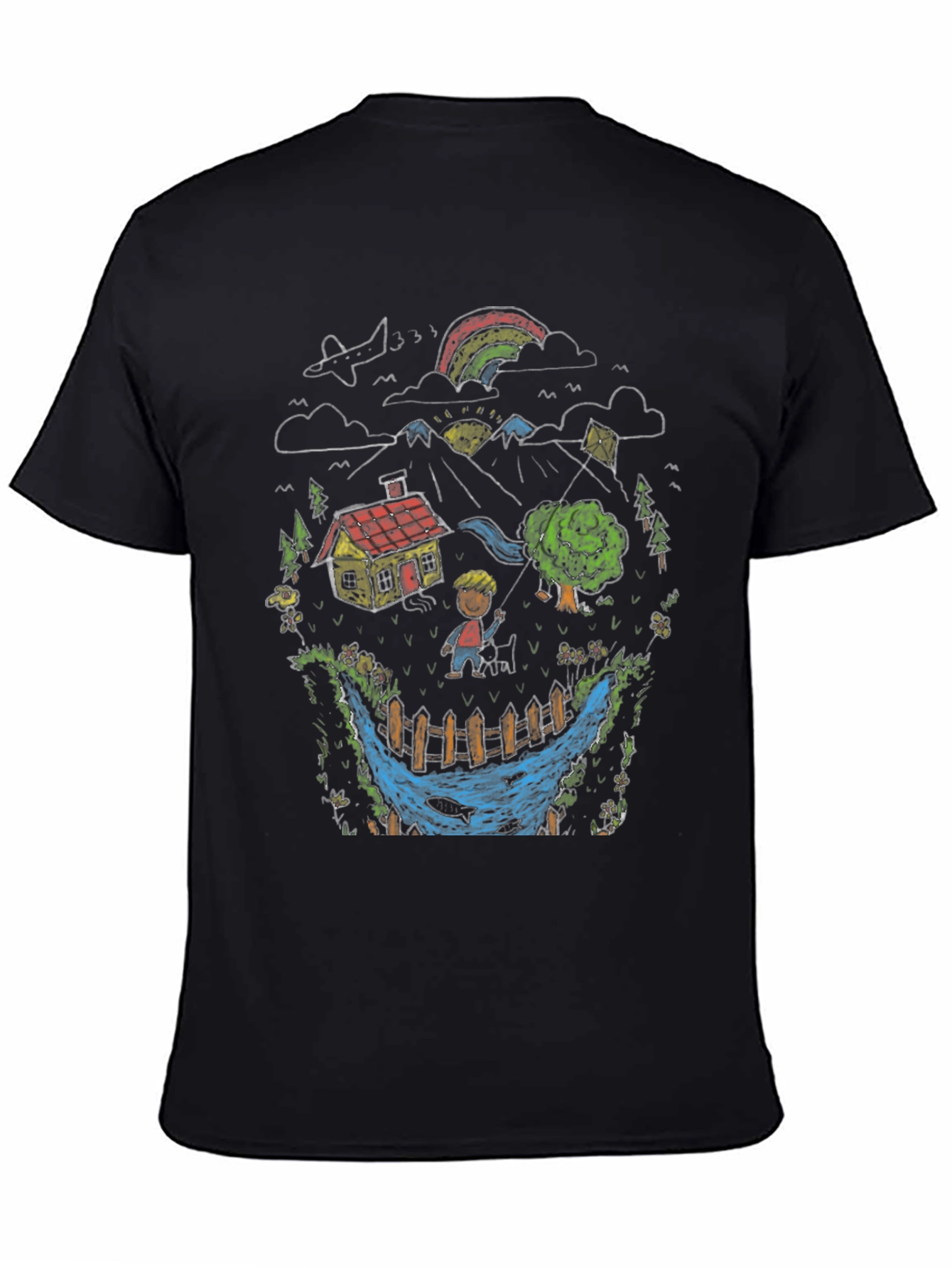 Whimsical Landscape Graphic Tee - Black Cotton Blend