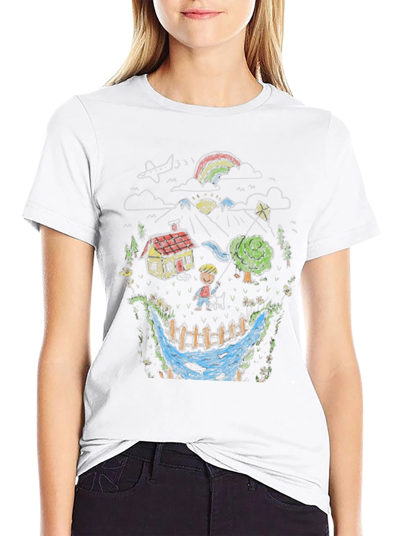 Whimsical Landscape Graphic Tee - Black Cotton Blend