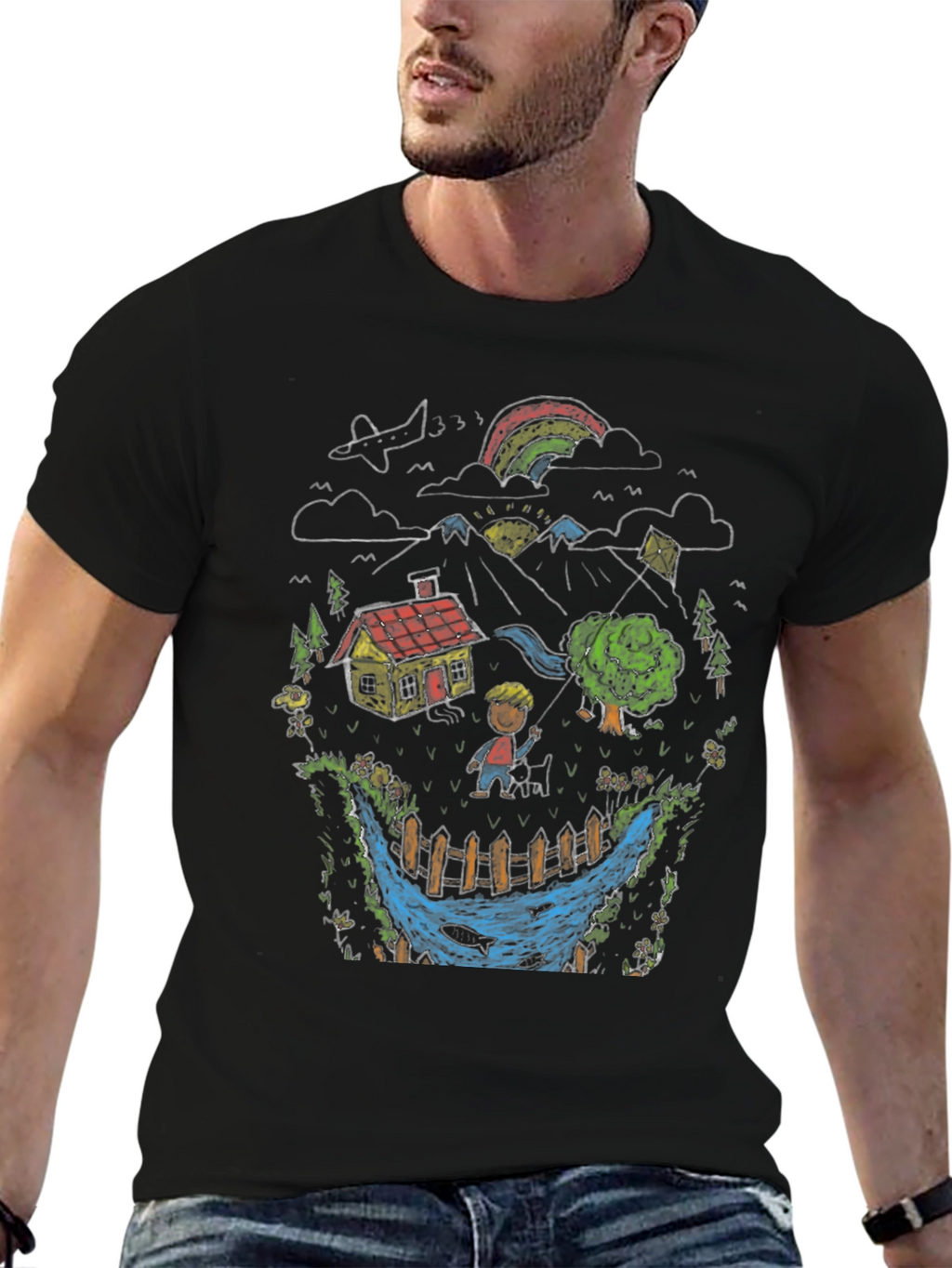 Whimsical Landscape Graphic Tee - Black Cotton Blend