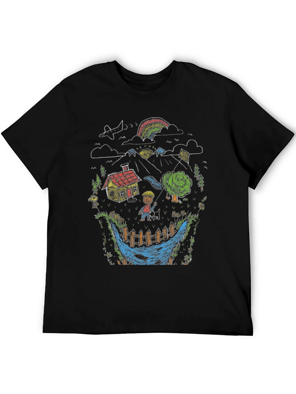 Whimsical Landscape Graphic Tee - Black Cotton Blend
