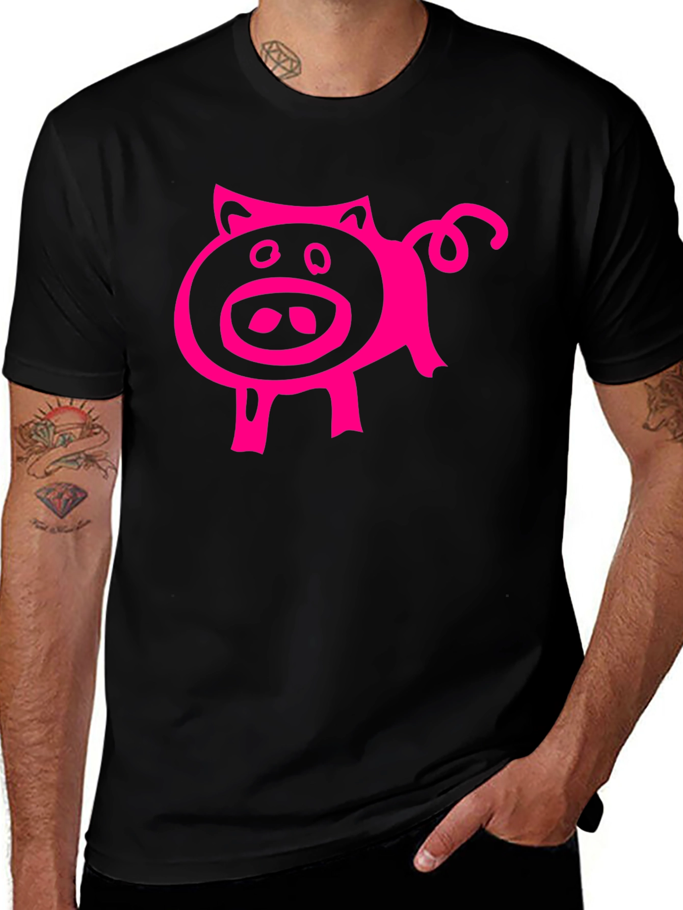 Pink Pig Graphic Tee - Black Cotton Blend Casual T-Shirt