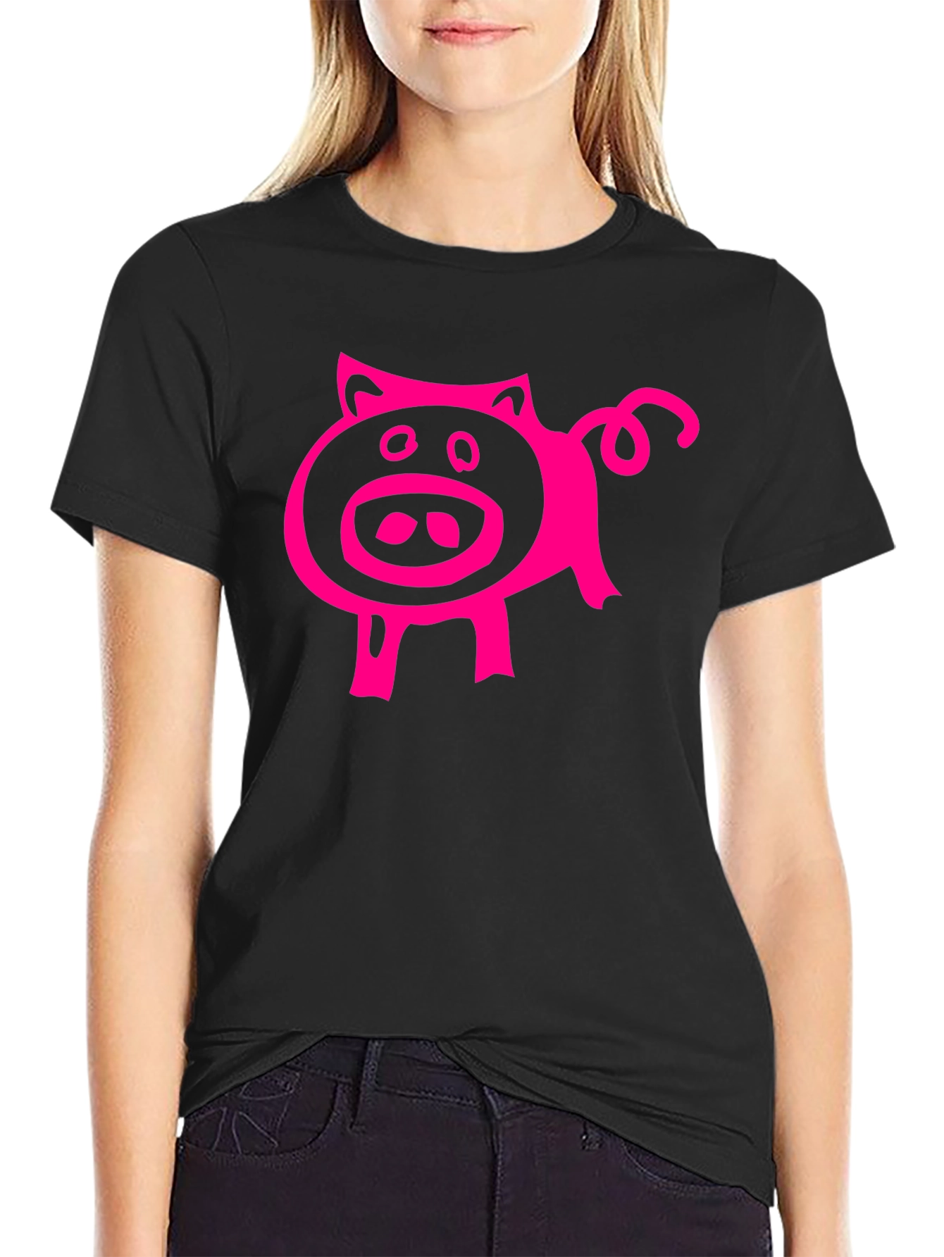Pink Pig Graphic Tee - Black Cotton Blend Casual T-Shirt