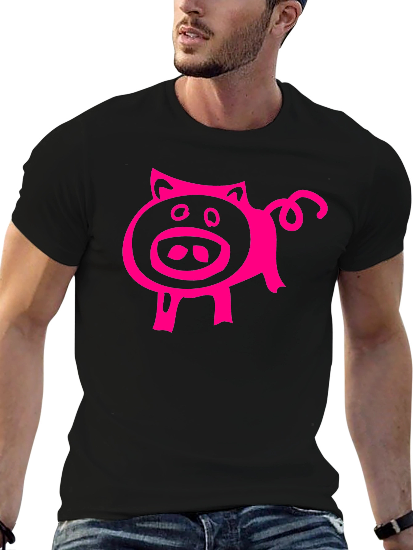 Pink Pig Graphic Tee - Black Cotton Blend Casual T-Shirt