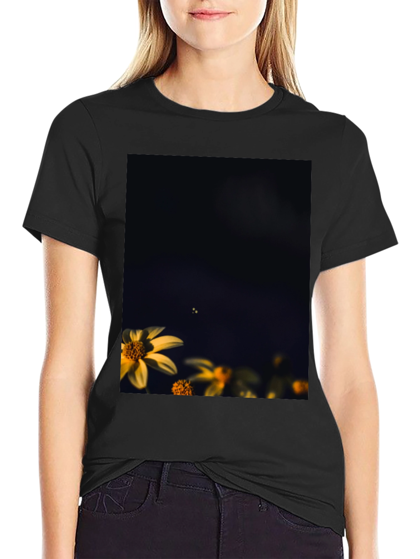 Floral Print Black Cotton Tee - Modern Casual Style