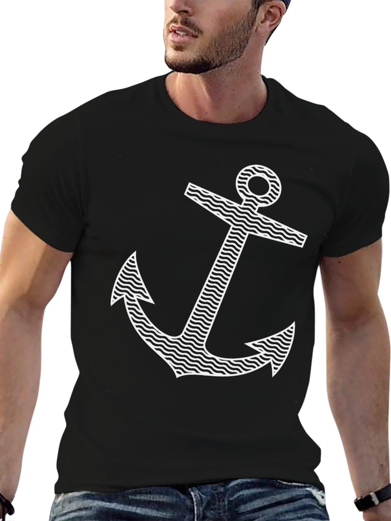 Nautical Anchor Graphic Tee - Black Cotton Blend