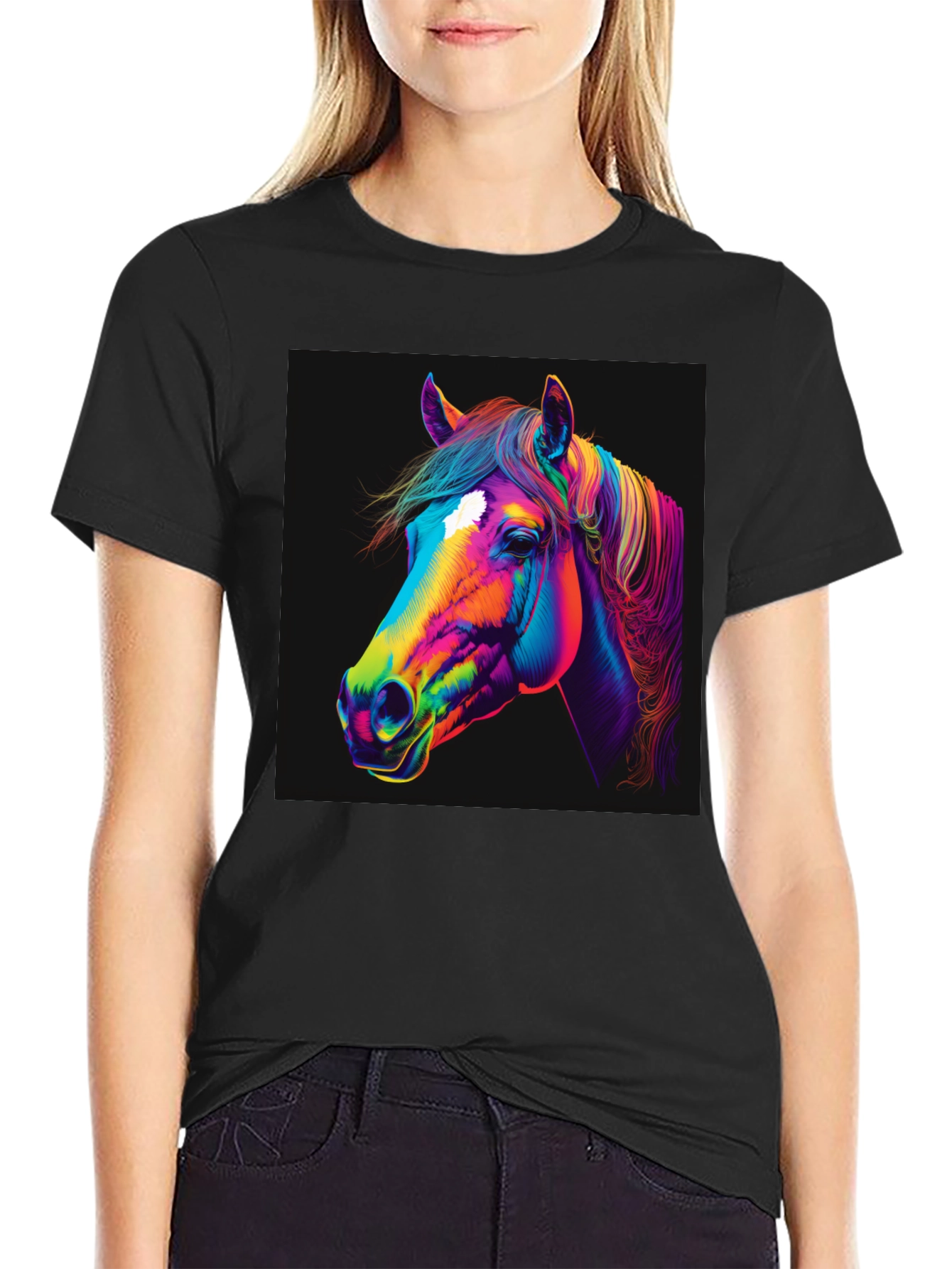 Colorful Horse Graphic Print Black T-Shirt