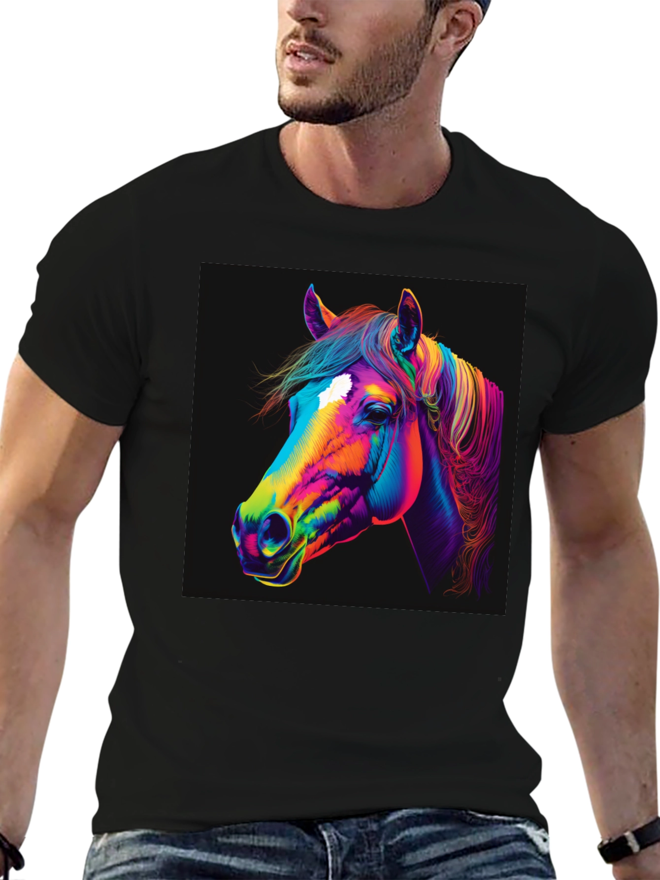 Colorful Horse Graphic Print Black T-Shirt