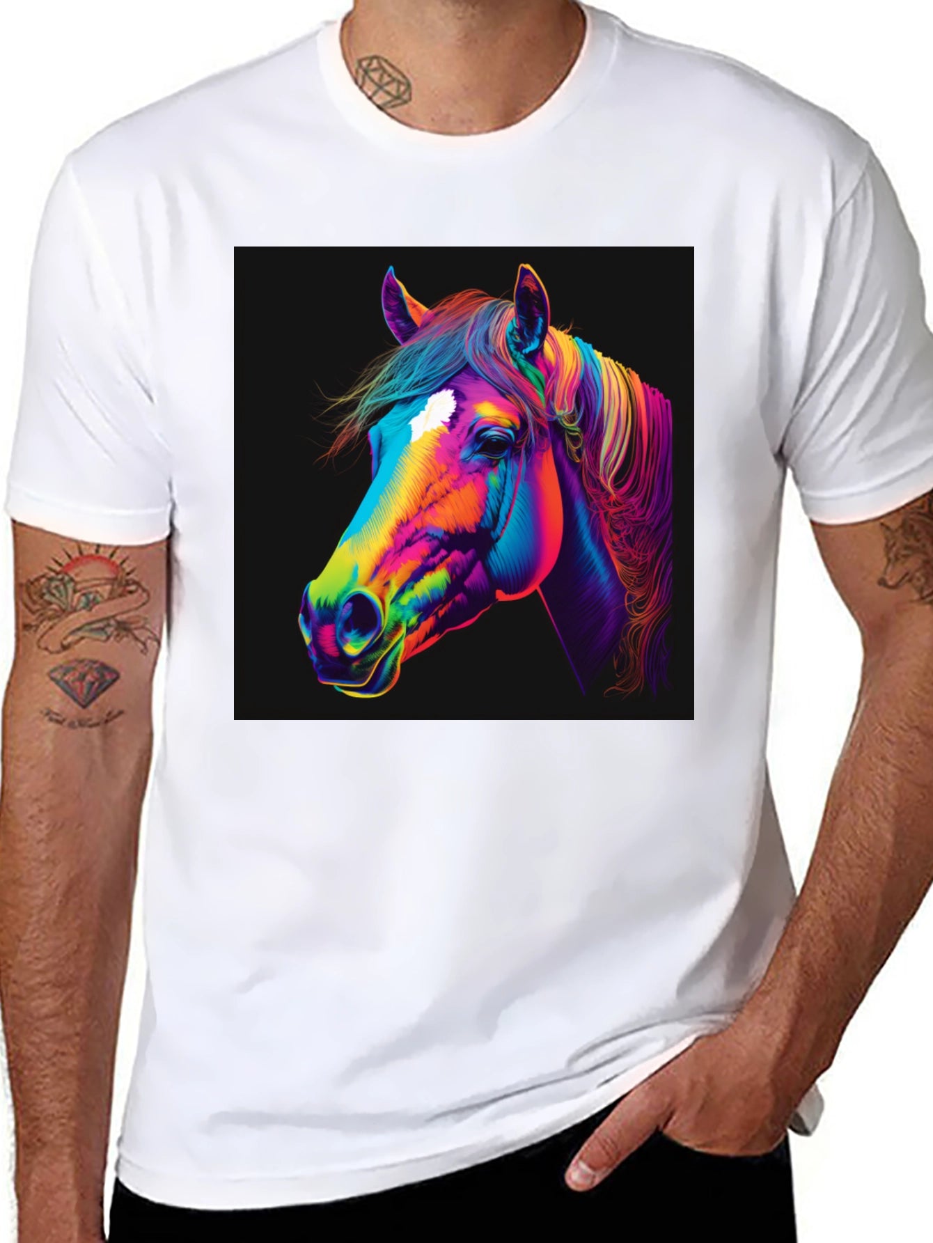 Colorful Horse Graphic Print Black T-Shirt