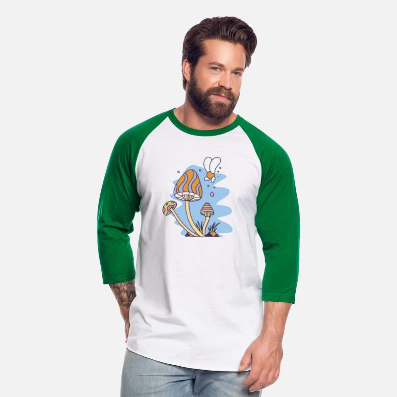 A mushroom with a bee flying over it Unisex shirts