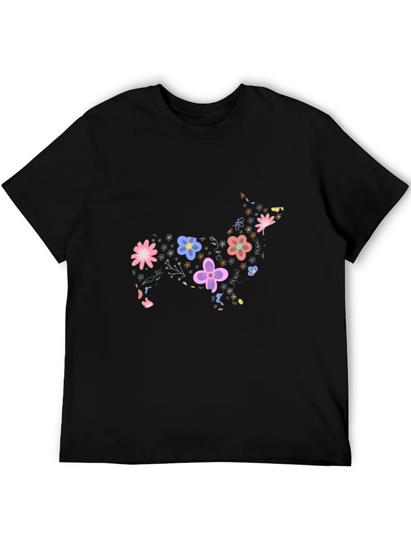 Floral Dog Graphic Tee - Black Cotton Casual Shirt
