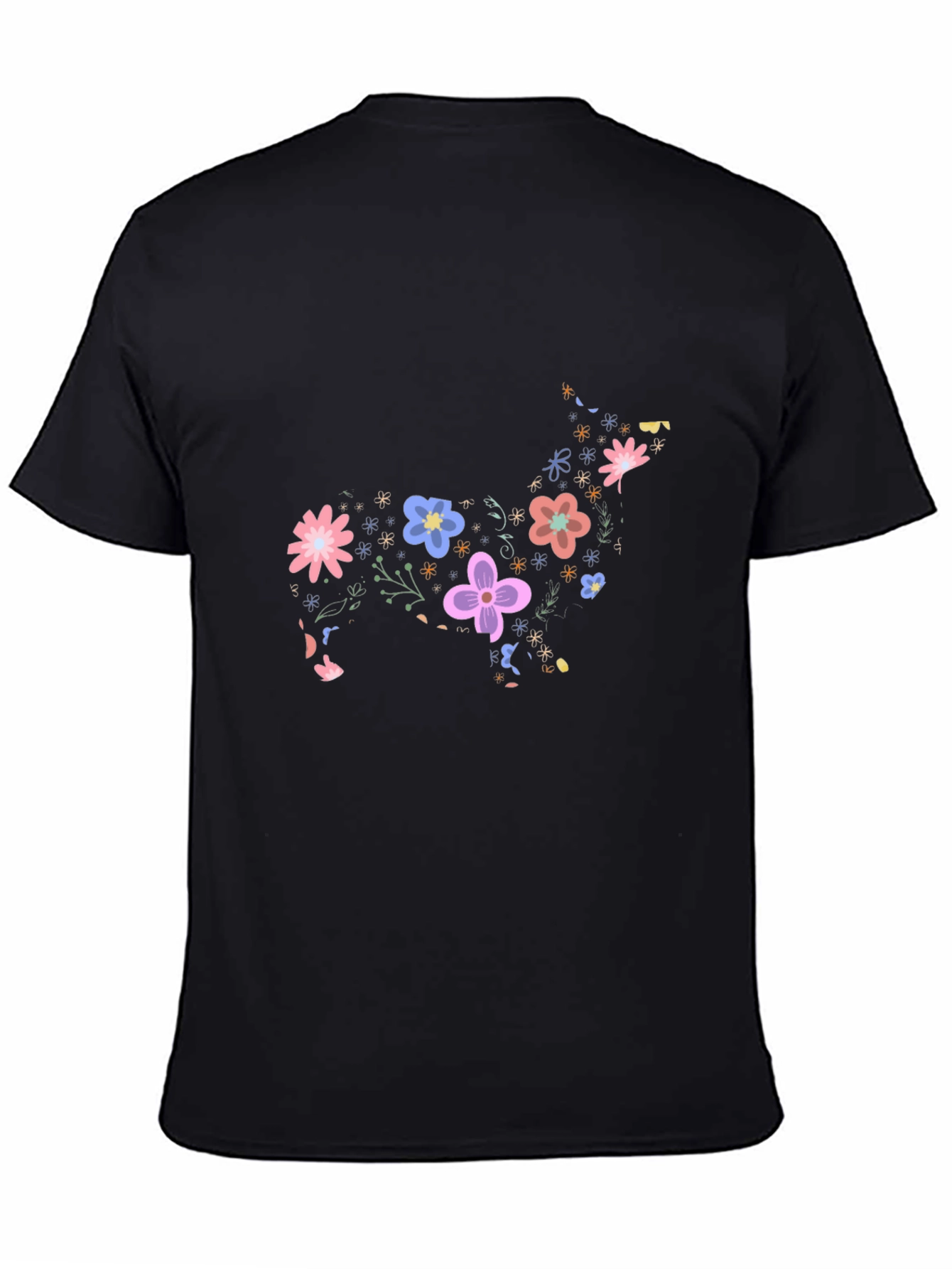 Floral Dog Graphic Tee - Black Cotton Casual Shirt