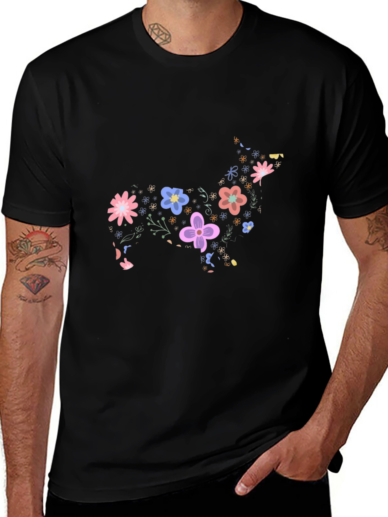 Floral Dog Graphic Tee - Black Cotton Casual Shirt