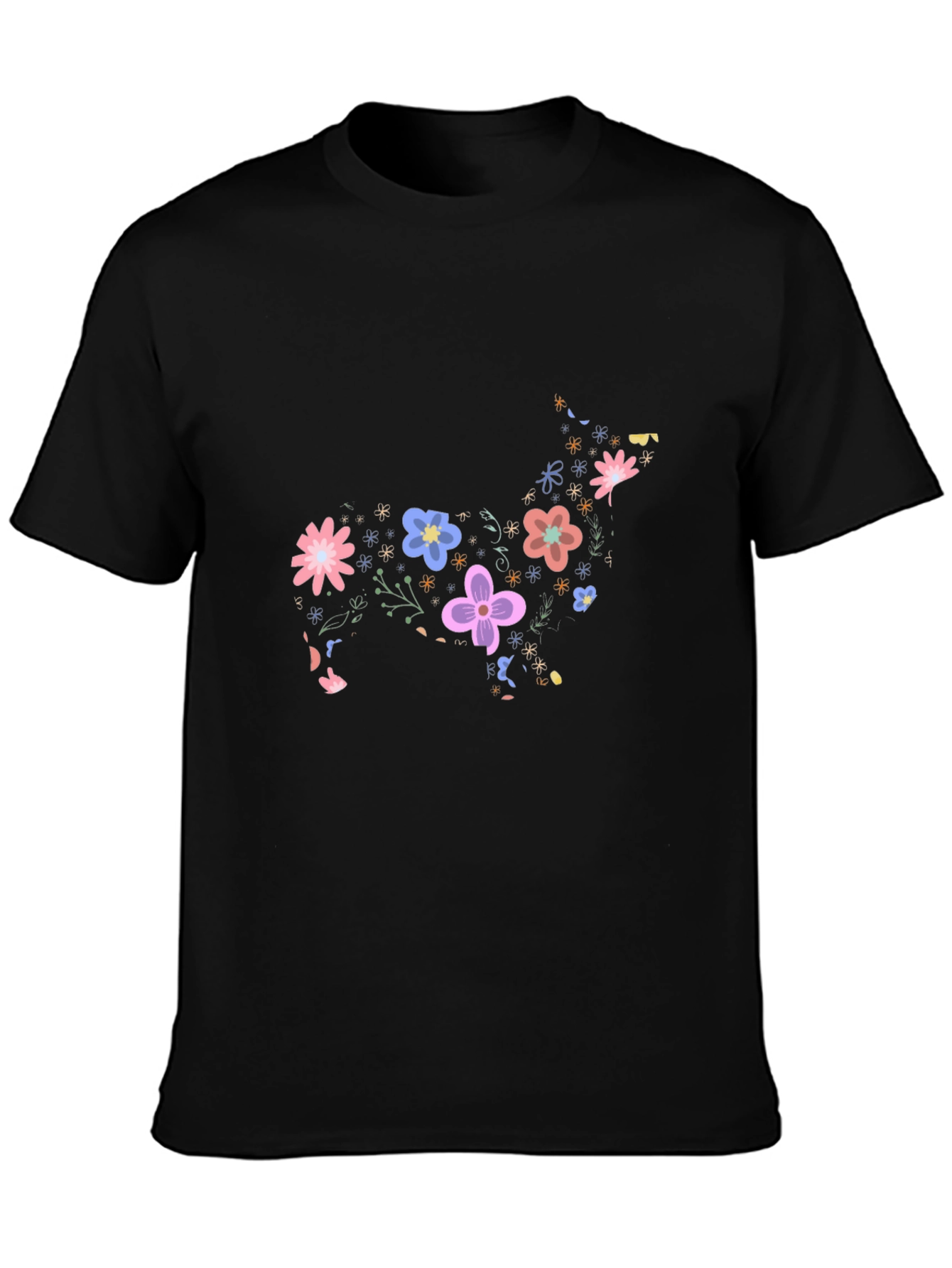 Floral Dog Graphic Tee - Black Cotton Casual Shirt