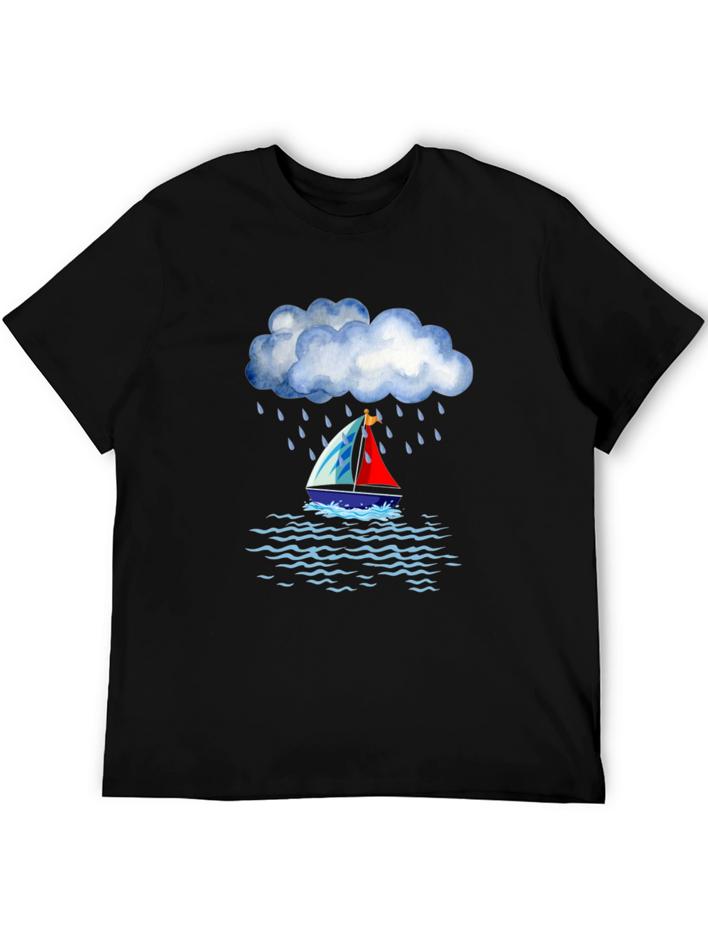 Rainy Day Sailboat Graphic Tee - Black Cotton T-Shirt