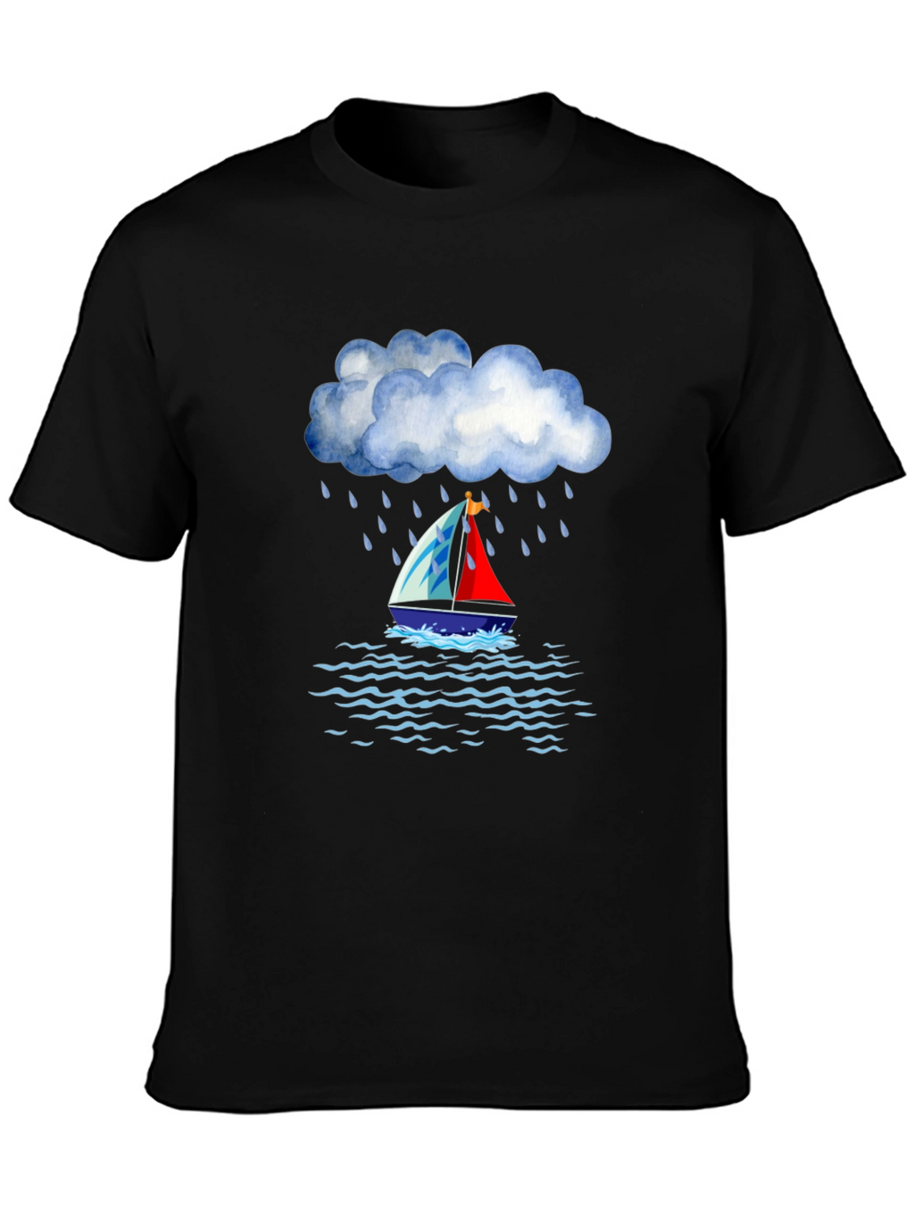 Rainy Day Sailboat Graphic Tee - Black Cotton T-Shirt