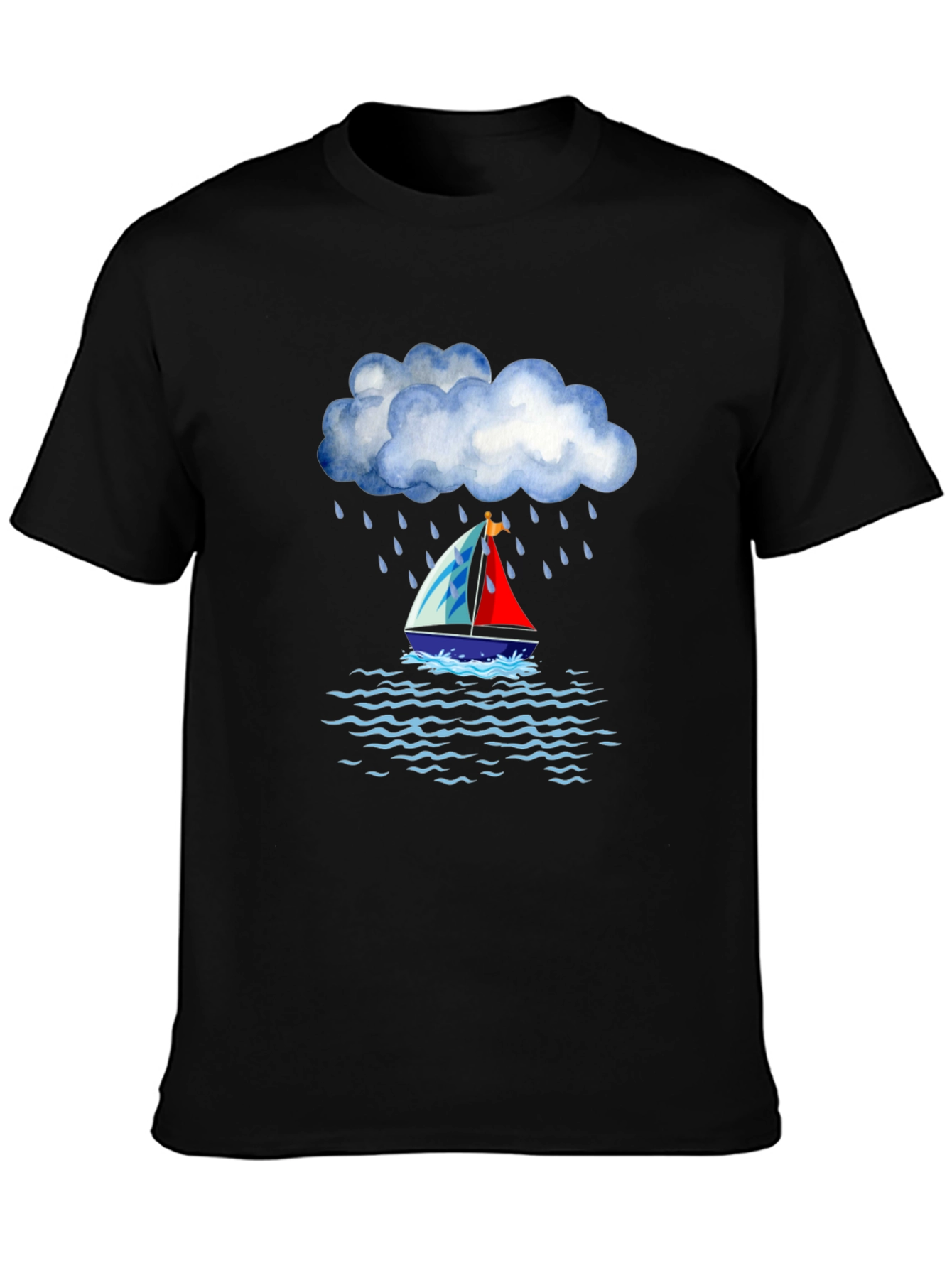 Rainy Day Sailboat Graphic Tee - Black Cotton T-Shirt