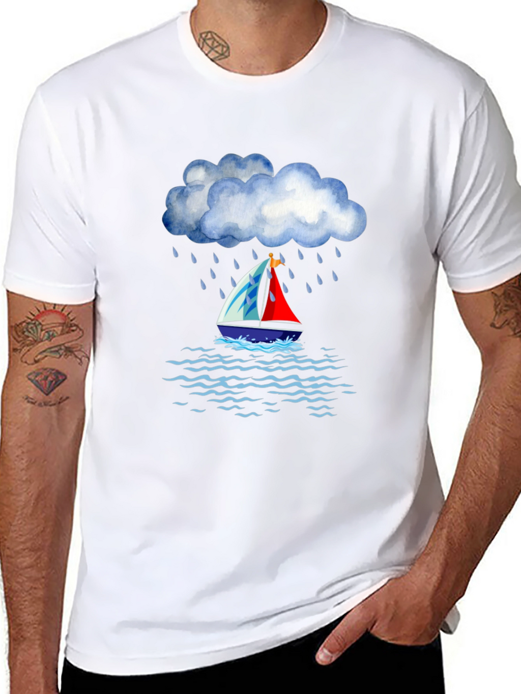 Rainy Day Sailboat Graphic Tee - Black Cotton T-Shirt