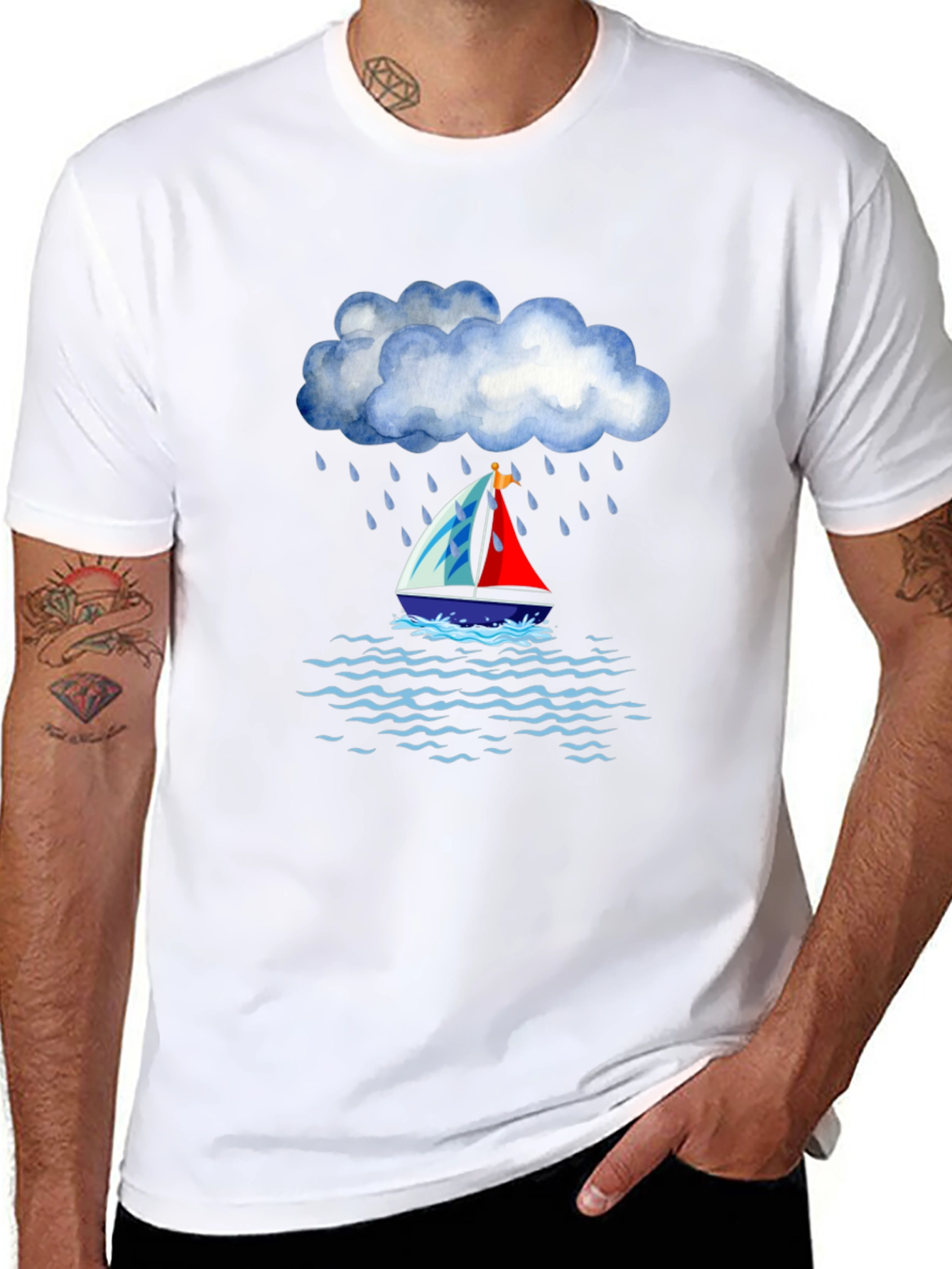 Rainy Day Sailboat Graphic Tee - Black Cotton T-Shirt