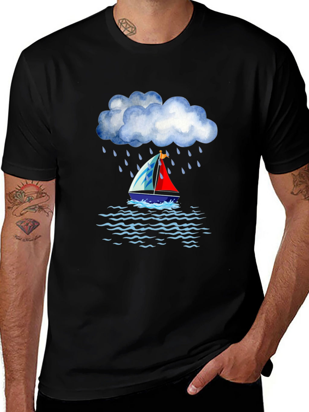 Rainy Day Sailboat Graphic Tee - Black Cotton T-Shirt