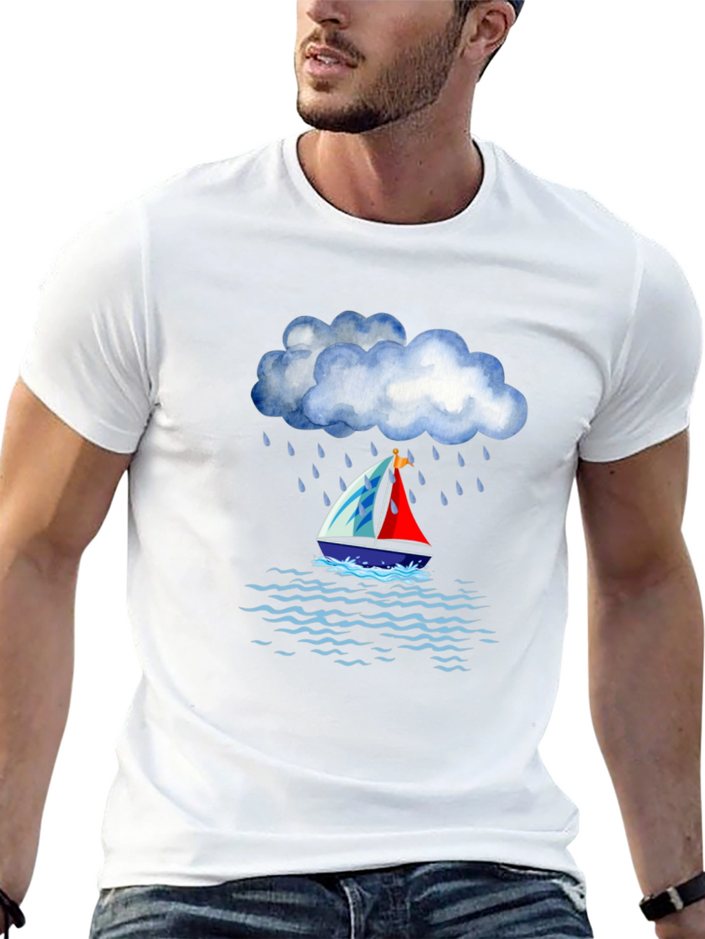 Rainy Day Sailboat Graphic Tee - Black Cotton T-Shirt