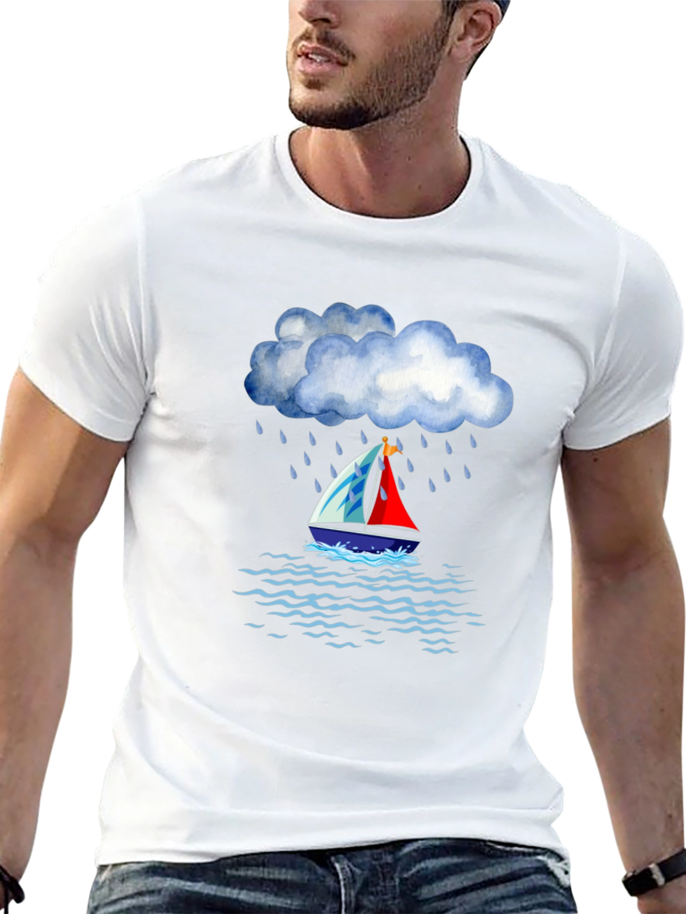 Rainy Day Sailboat Graphic Tee - Black Cotton T-Shirt
