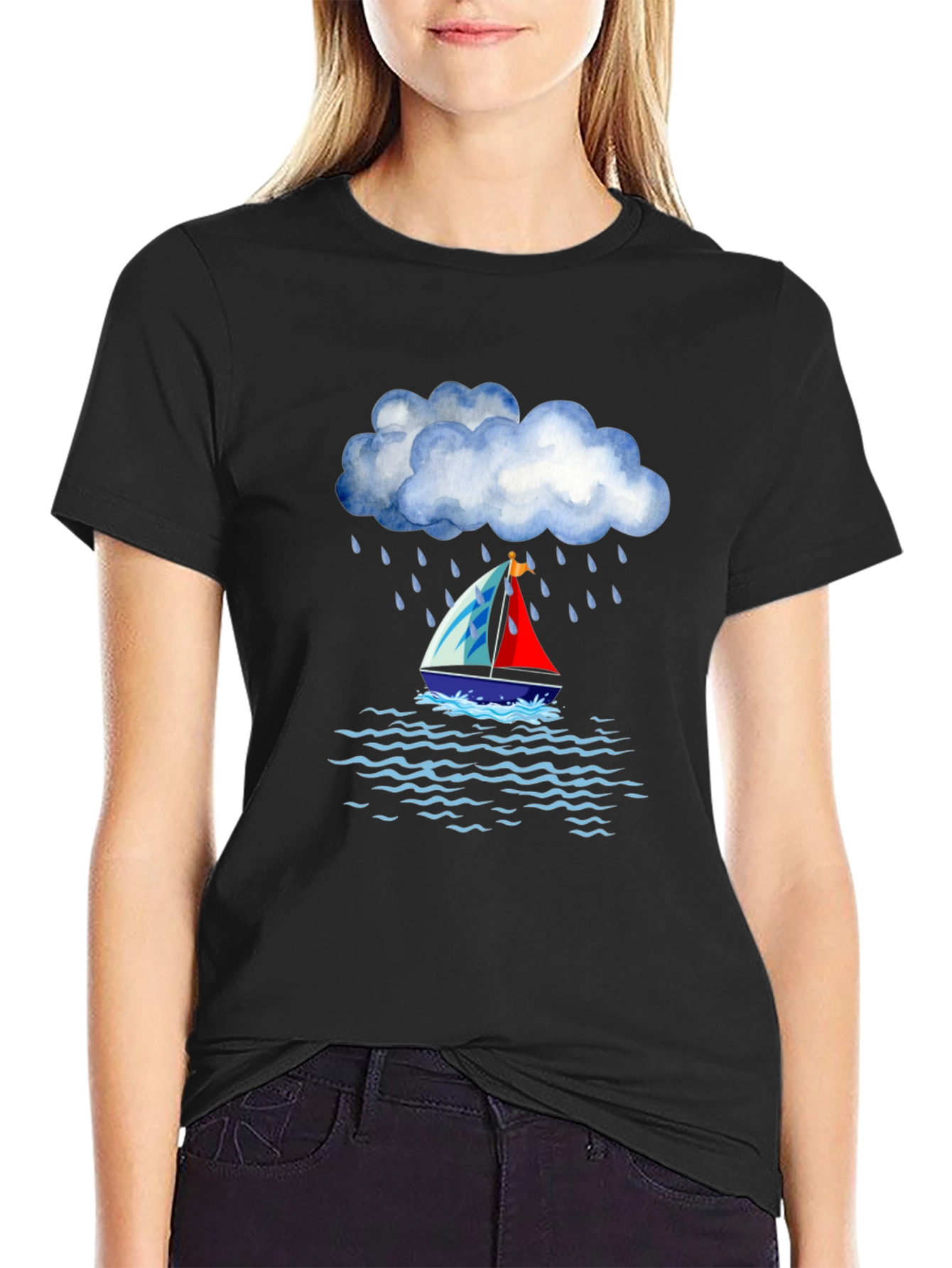 Rainy Day Sailboat Graphic Tee - Black Cotton T-Shirt