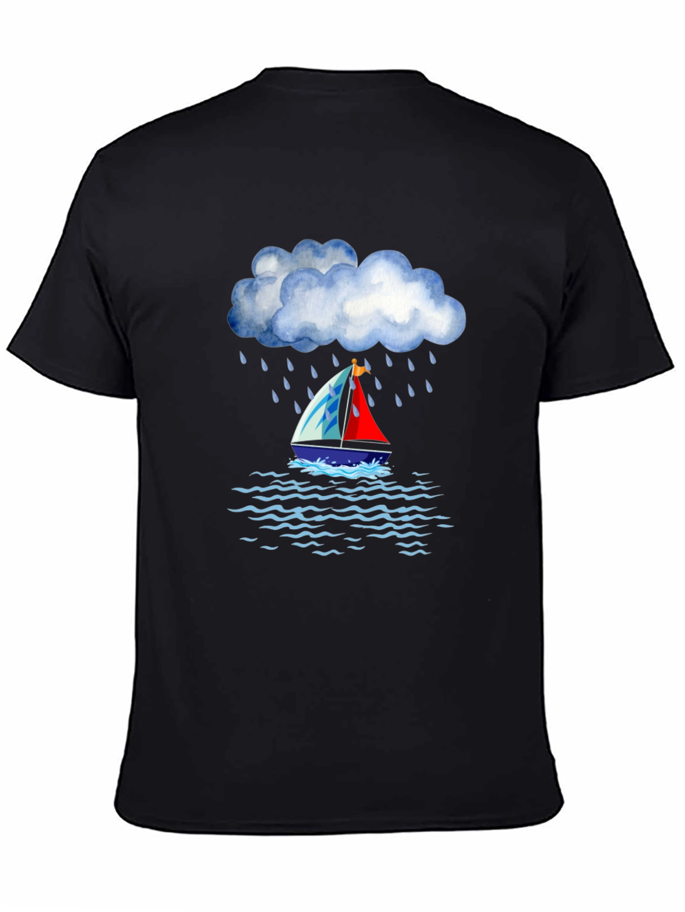 Rainy Day Sailboat Graphic Tee - Black Cotton T-Shirt