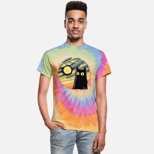 Black Cat Under Starry Sky with Full Moon