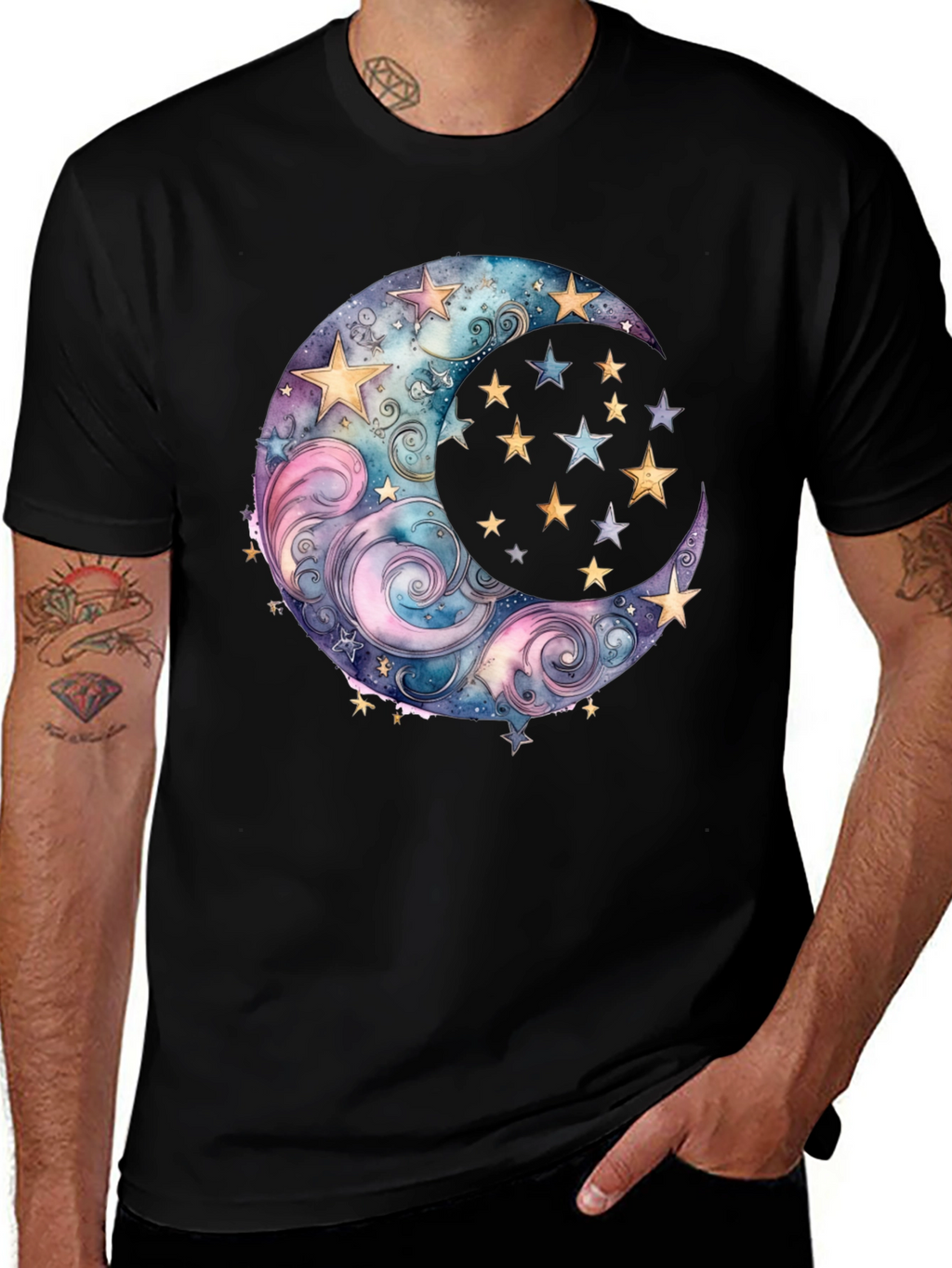 Celestial Moon and Stars Graphic Tee - Black