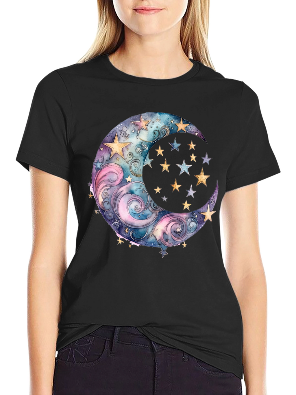 Celestial Moon and Stars Graphic Tee - Black