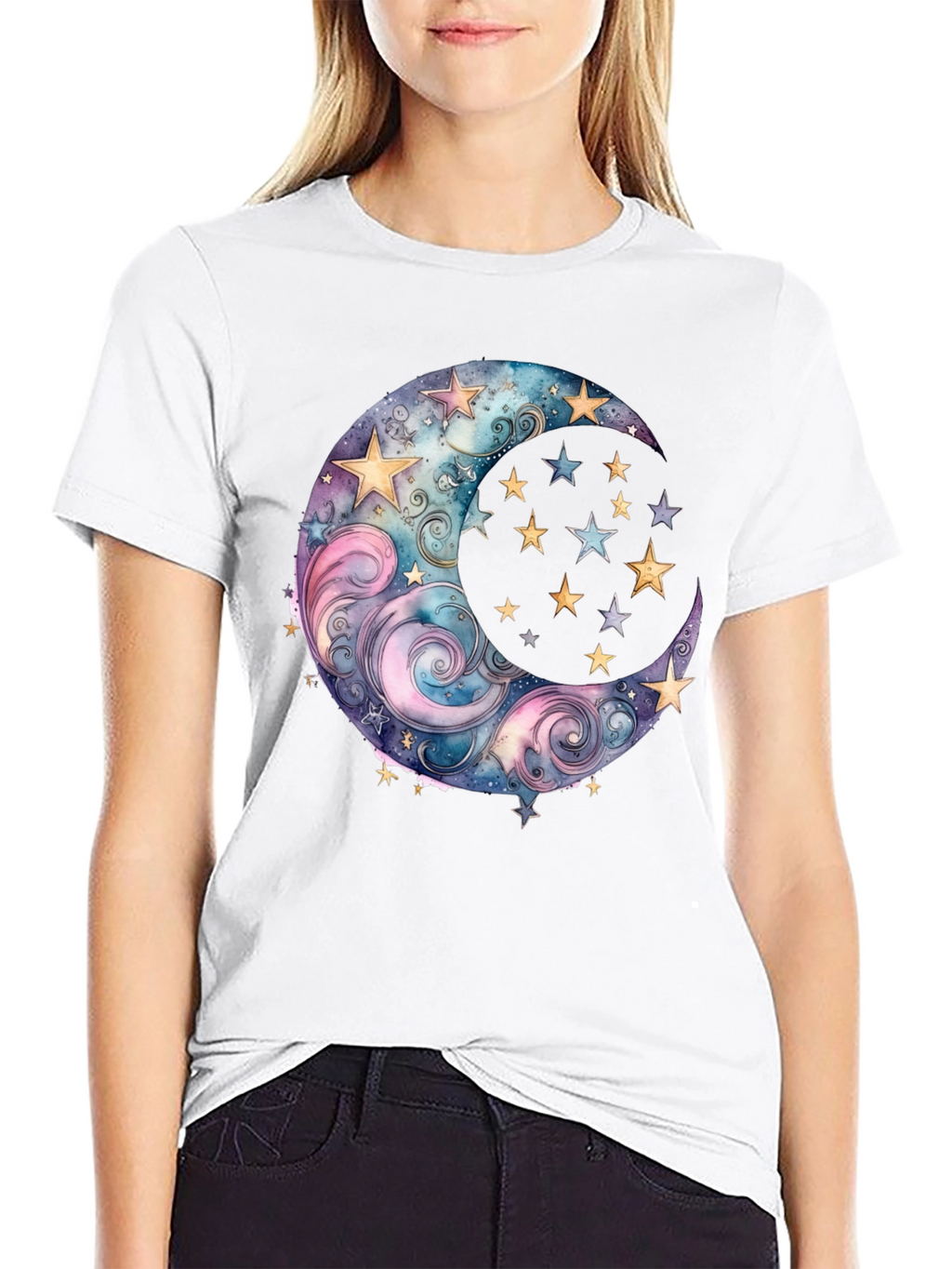 Celestial Moon and Stars Graphic Tee - Black