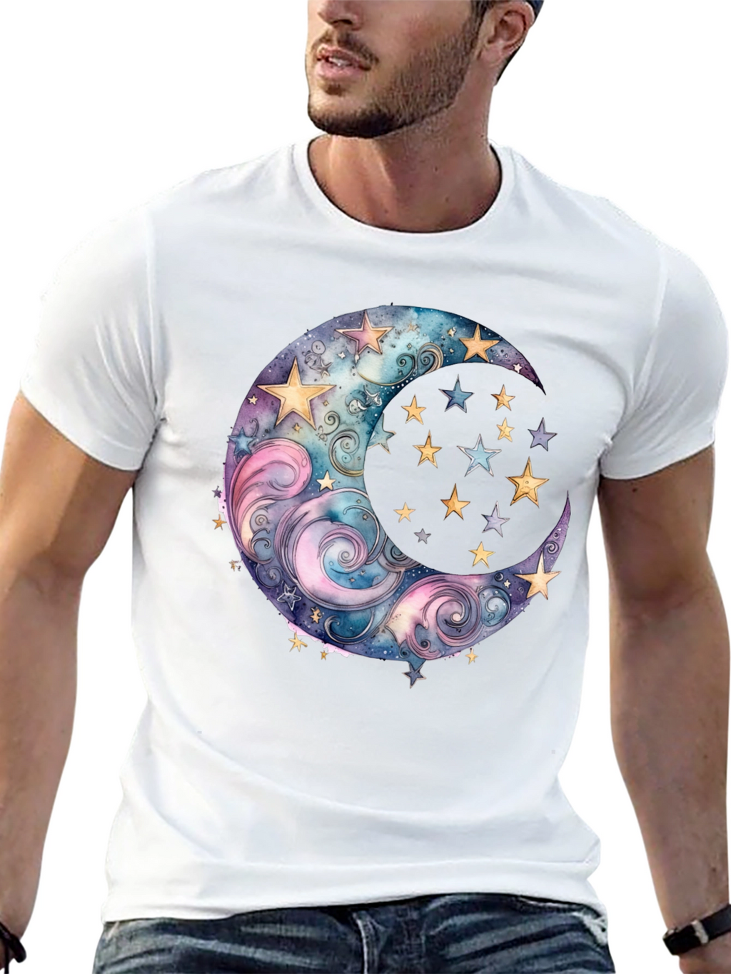 Celestial Moon and Stars Graphic Tee - Black