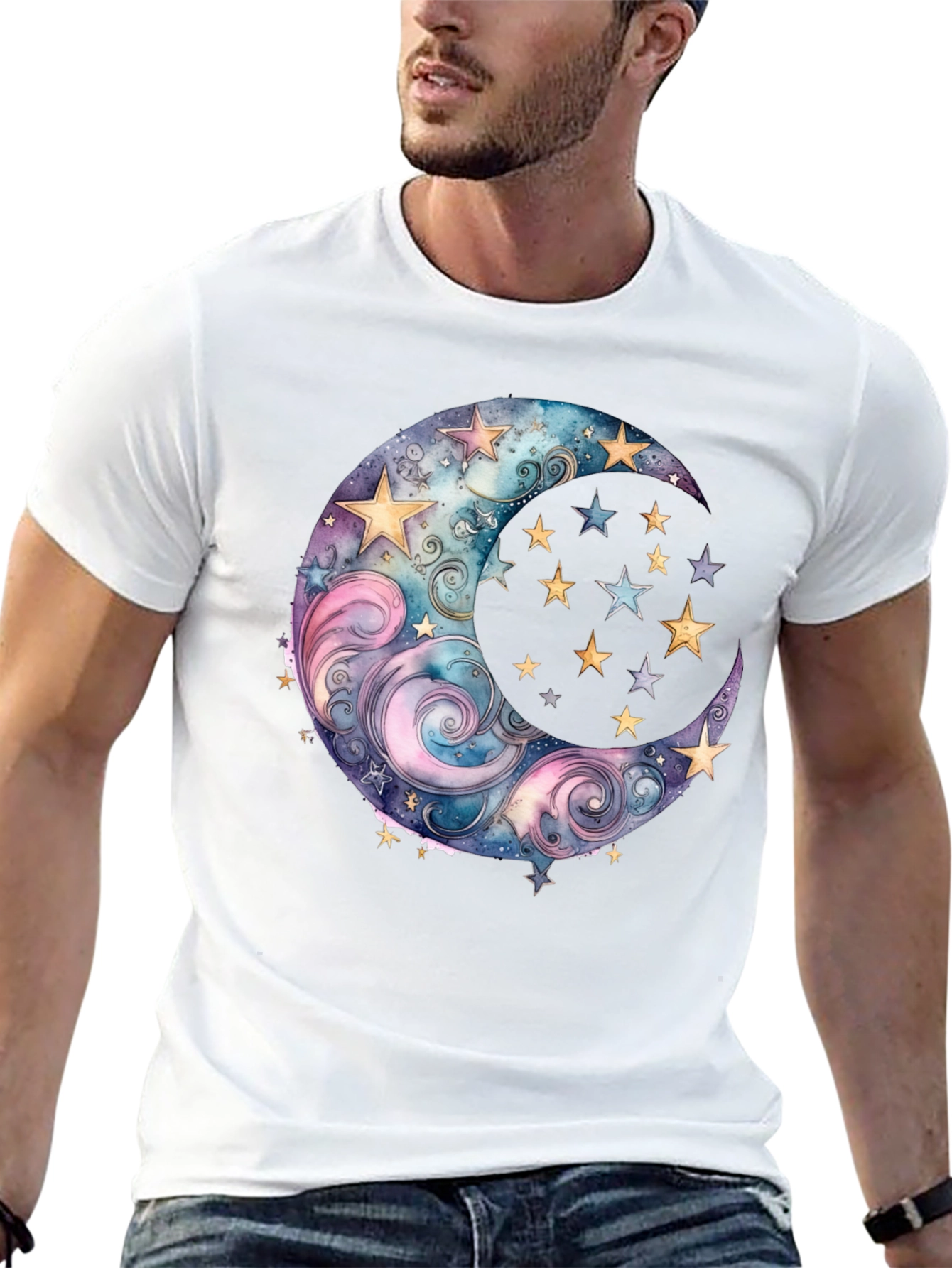 Celestial Moon and Stars Graphic Tee - Black