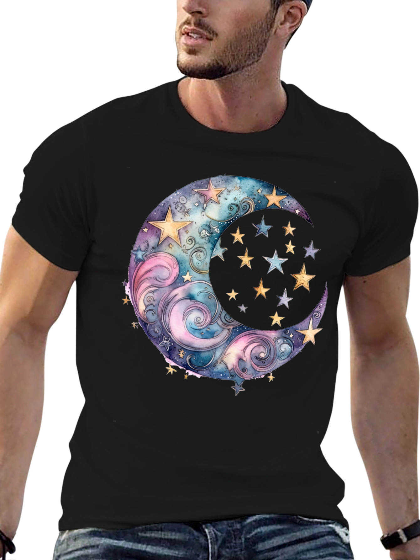 Celestial Moon and Stars Graphic Tee - Black