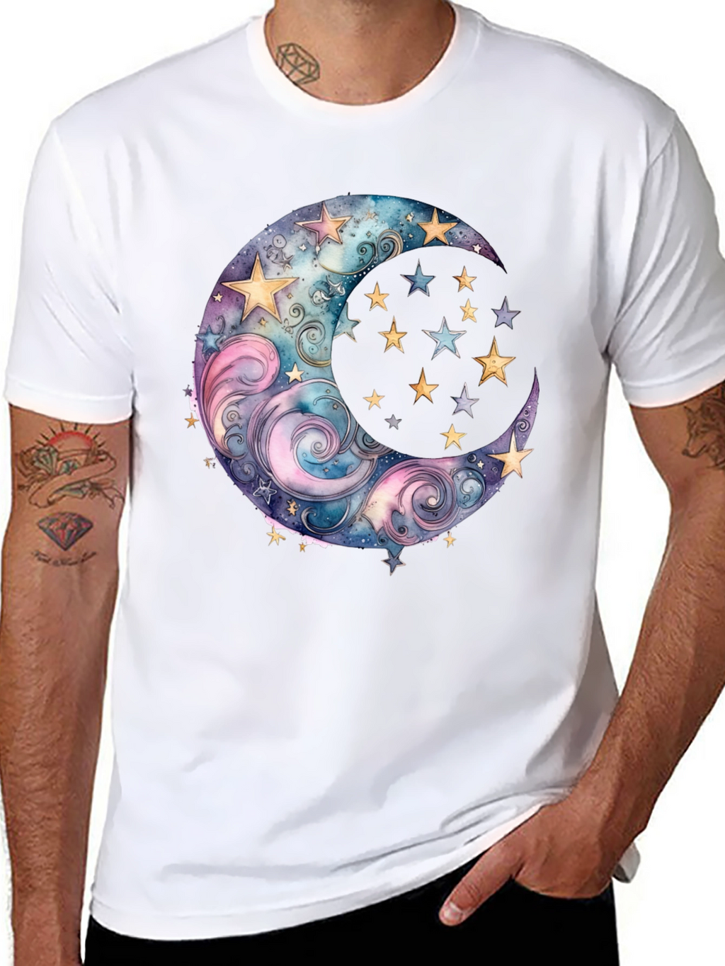 Celestial Moon and Stars Graphic Tee - Black